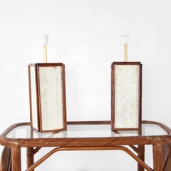 Paire de lampes en marqueterie d'os et rotin