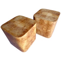Pair of Book-Matched Burl Wood Cube Side Tables in the Style of Milo Baughman