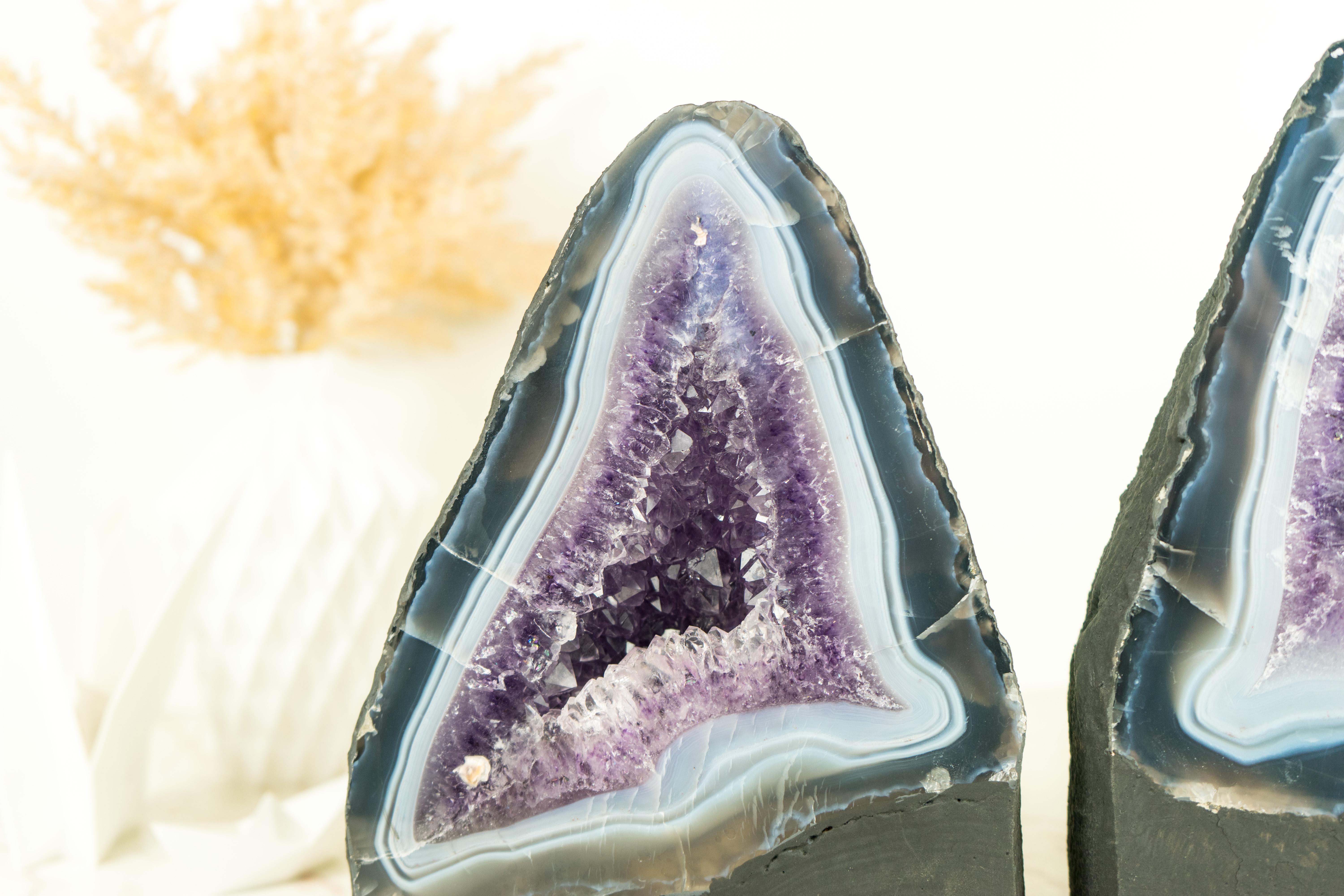 Brazilian Pair of Book-Matching Blue Lace Agate Geodes with Crystal Amethyst For Sale