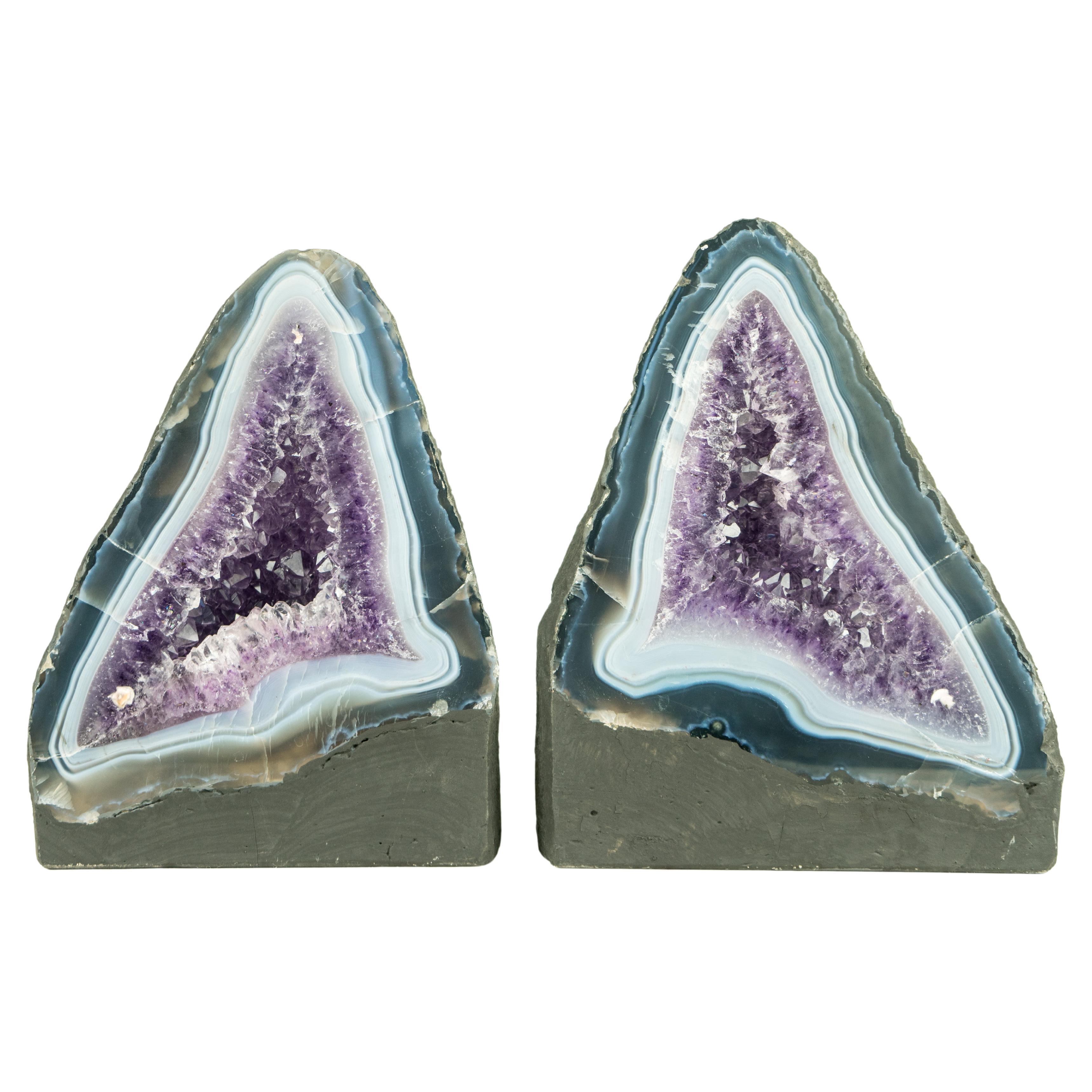 Pair of Book-Matching Blue Lace Agate Geodes with Crystal Amethyst For Sale