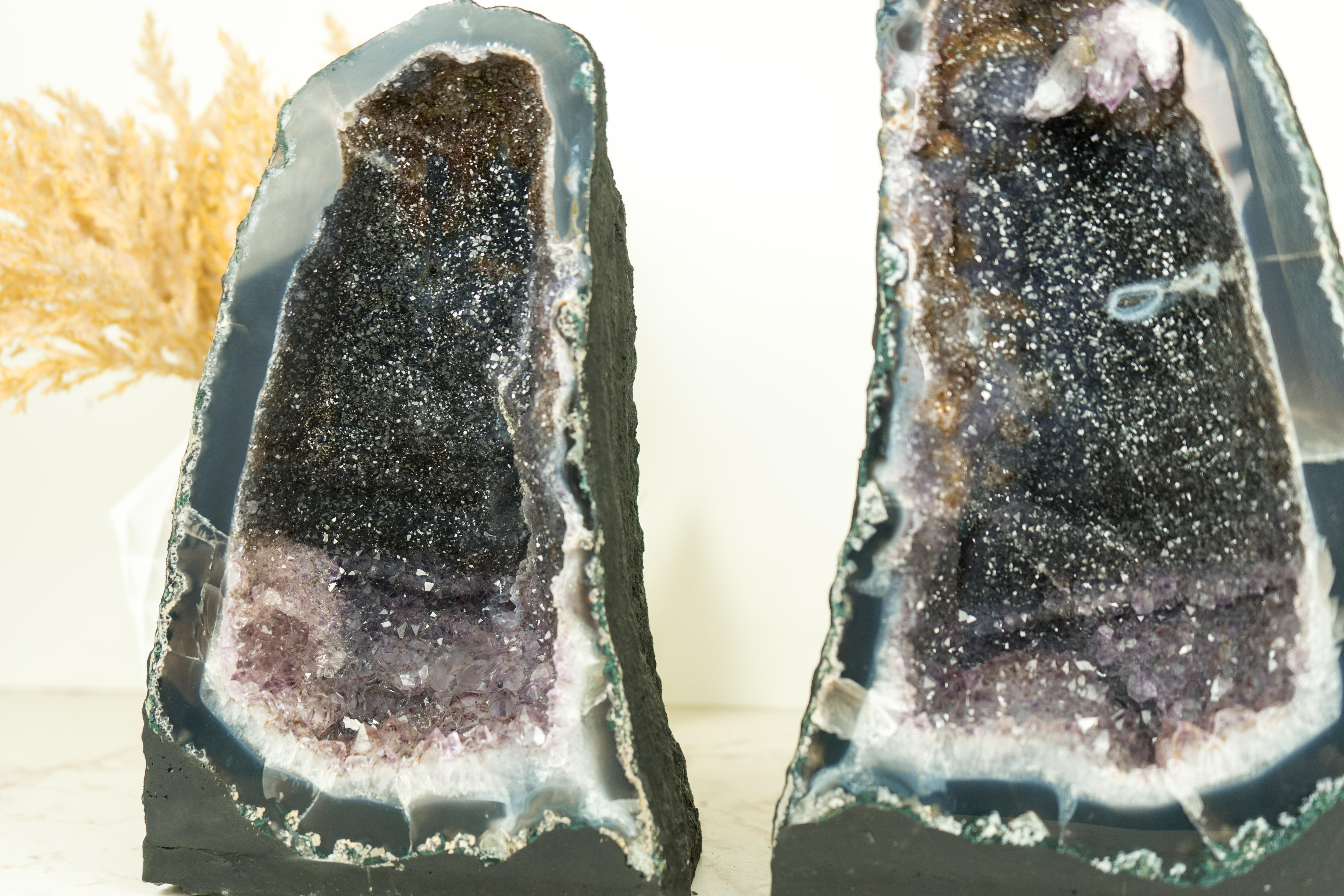 Pair of Book-Matching Natural Galaxy Amethyst Geodes with Agate Matrix For Sale 6