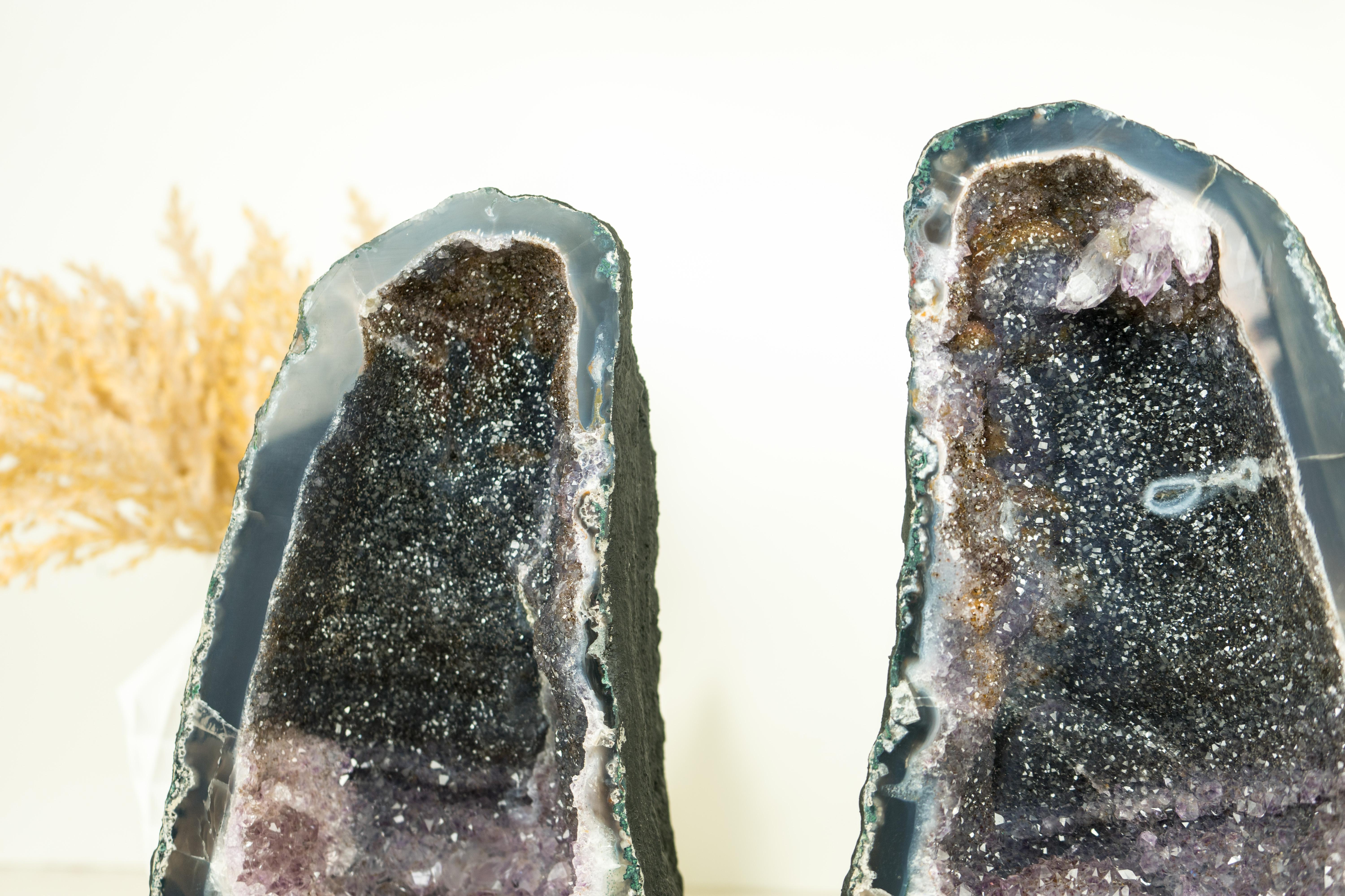 Pair of Book-Matching Natural Galaxy Amethyst Geodes with Agate Matrix For Sale 7
