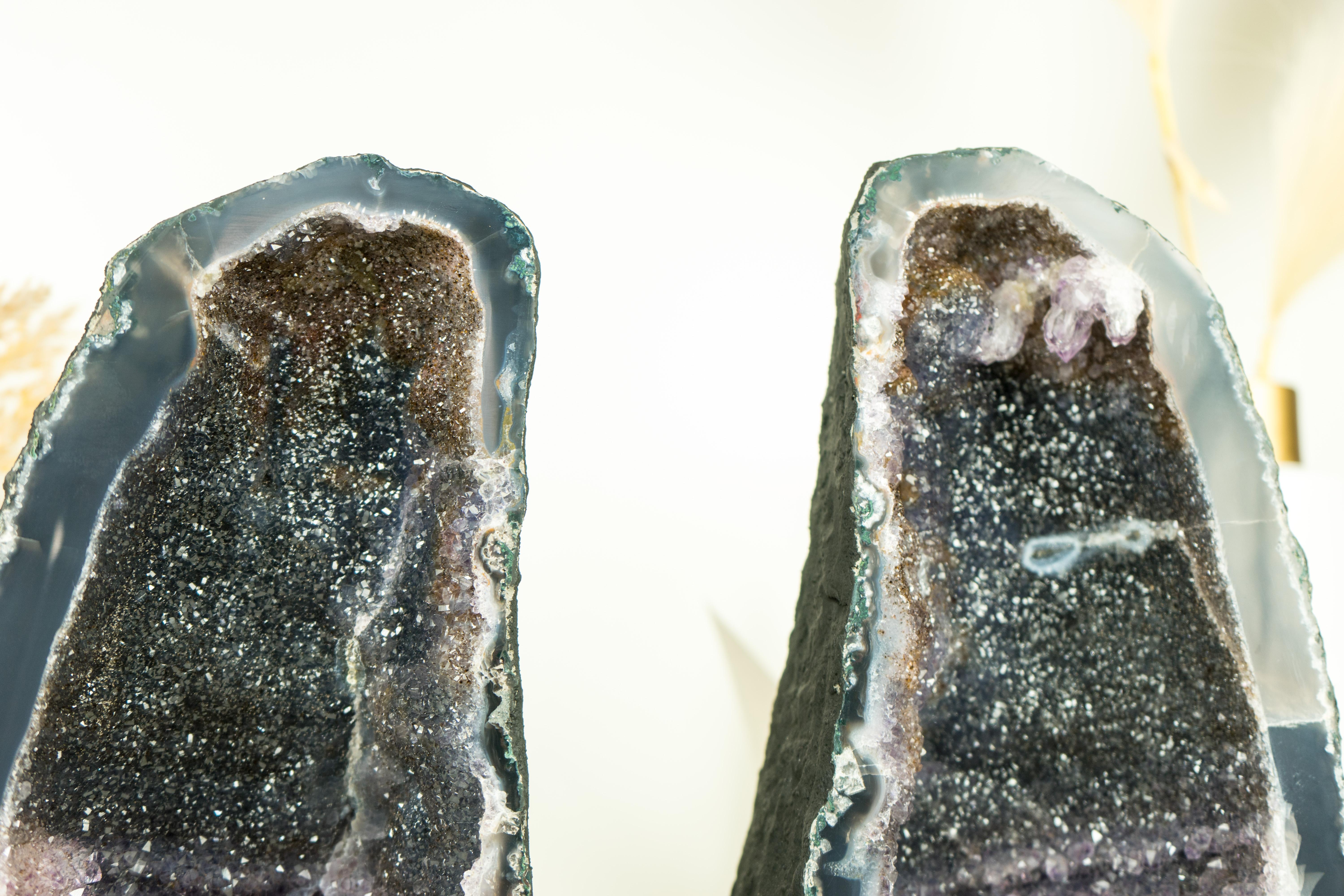 Pair of Book-Matching Natural Galaxy Amethyst Geodes with Agate Matrix For Sale 8