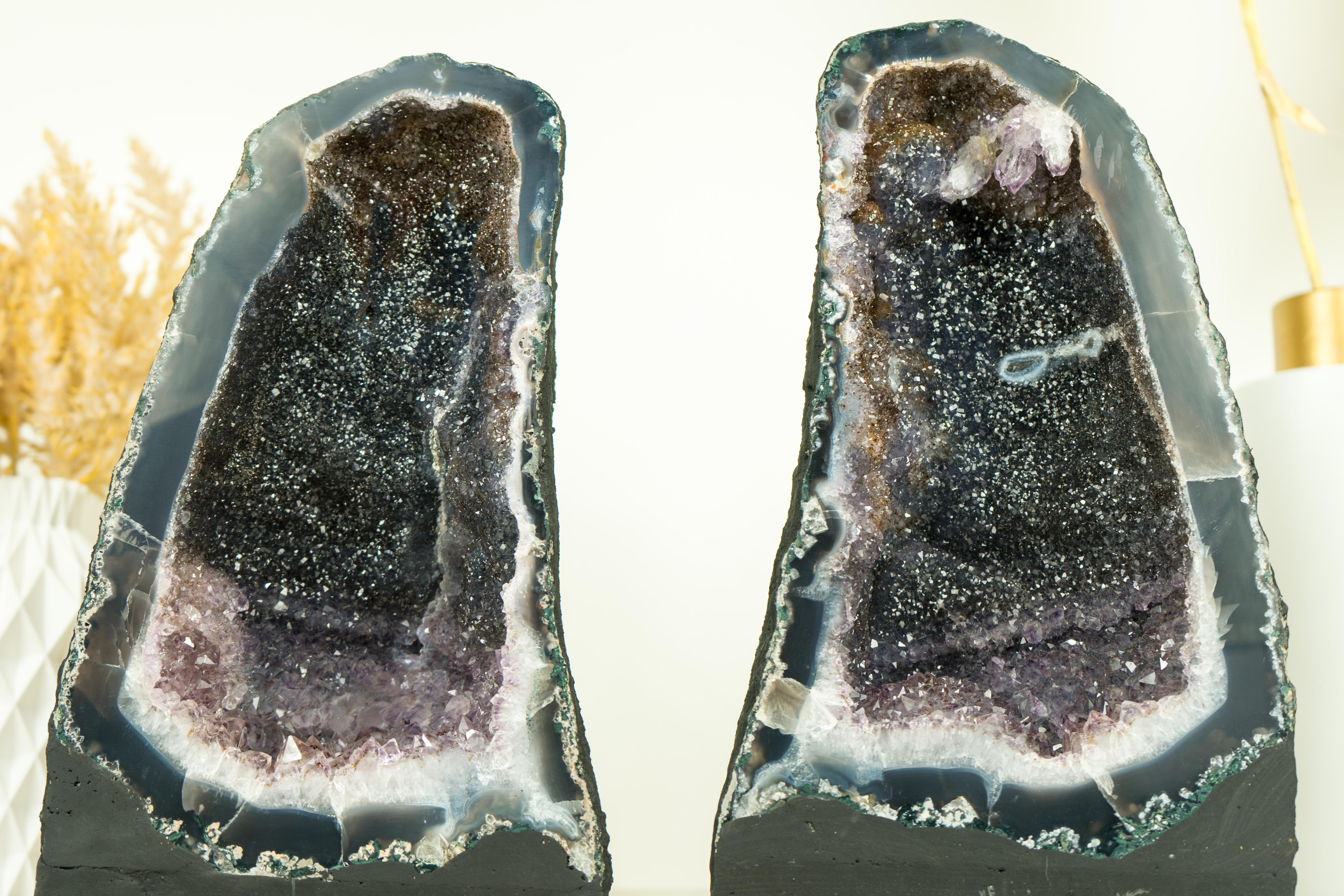 Pair of Book-Matching Natural Galaxy Amethyst Geodes with Agate Matrix For Sale 9