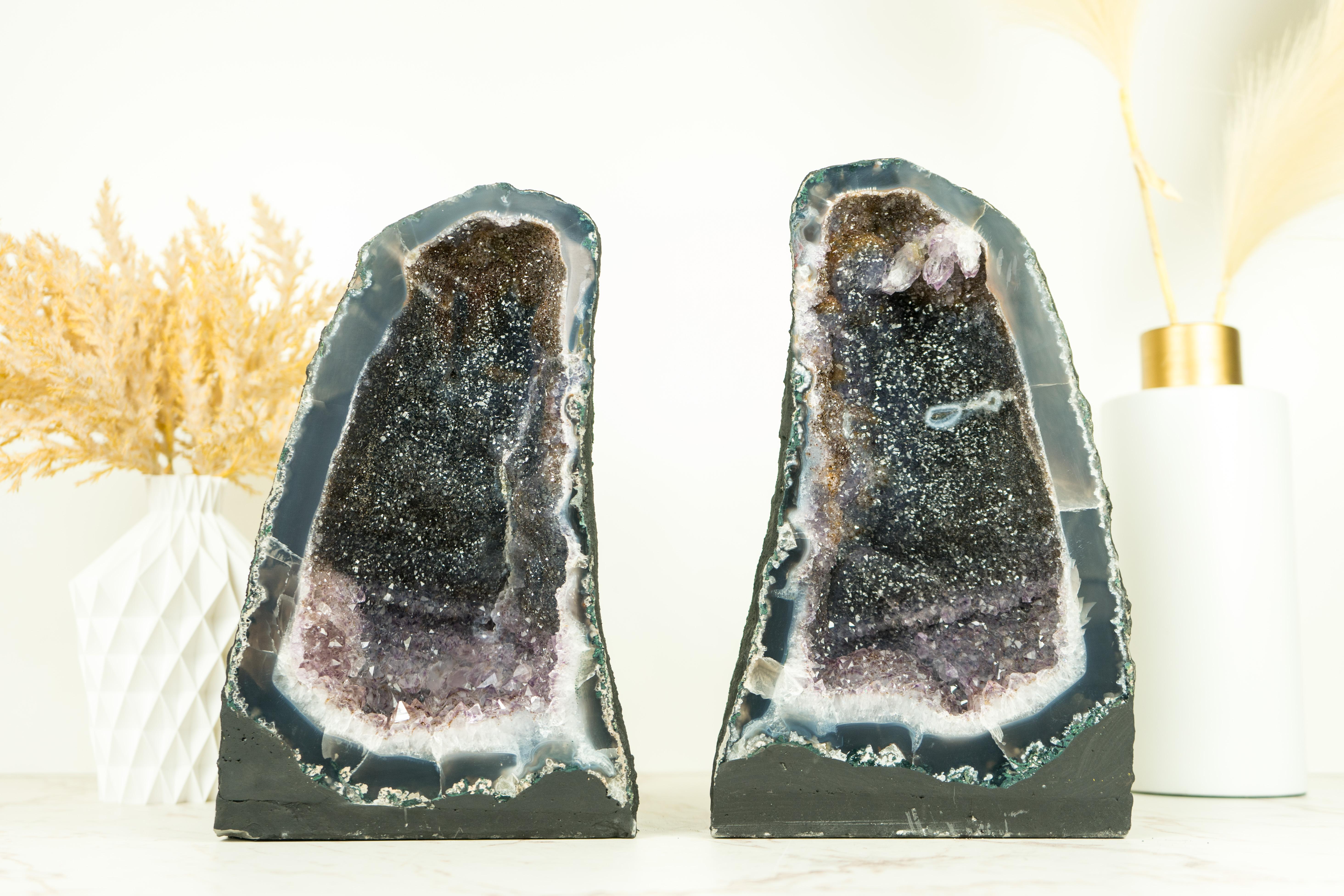 Pair of Book-Matching Natural Galaxy Amethyst Geodes with Agate Matrix For Sale 10