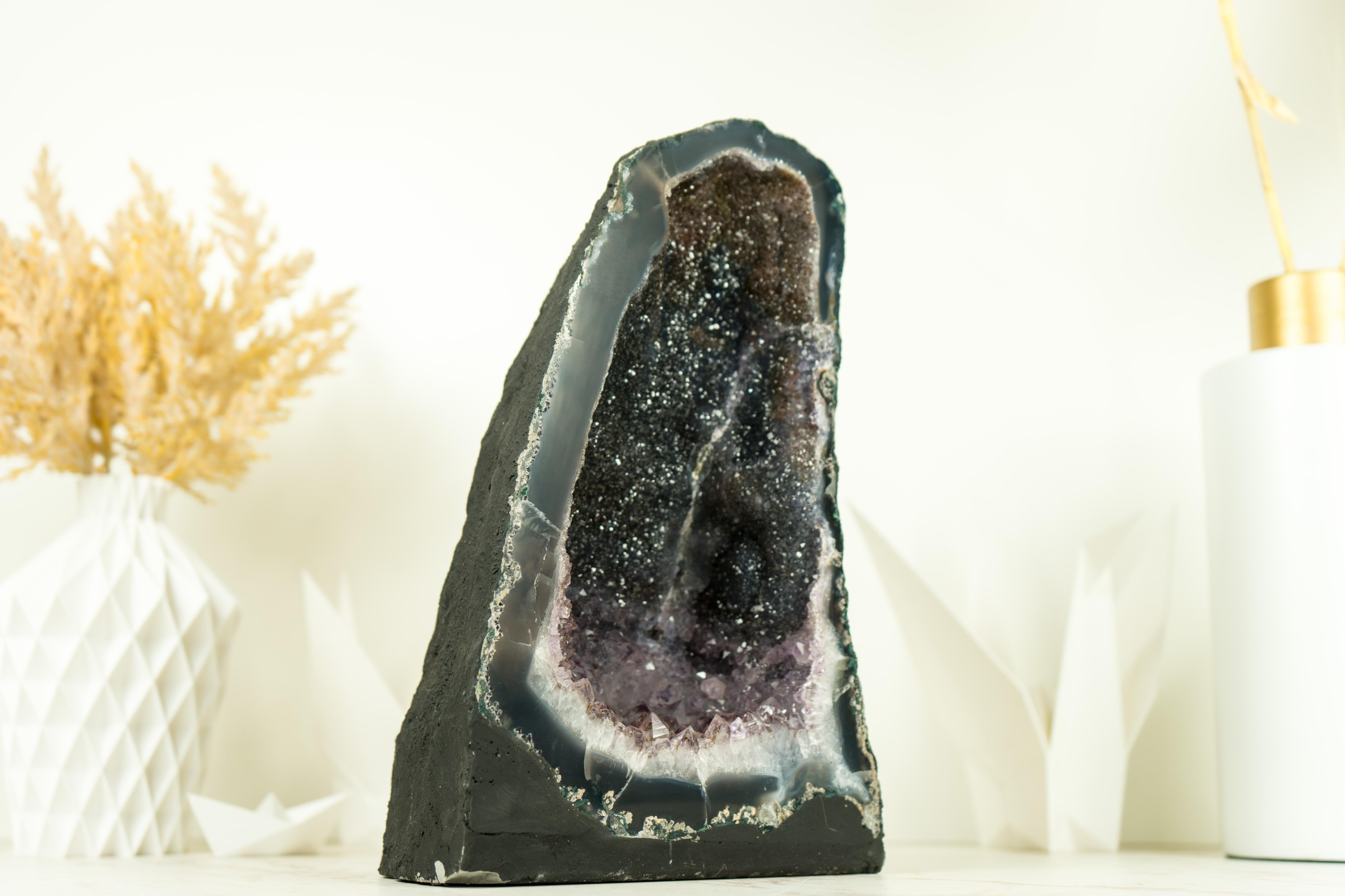 Pair of Book-Matching Natural Galaxy Amethyst Geodes with Agate Matrix For Sale 12