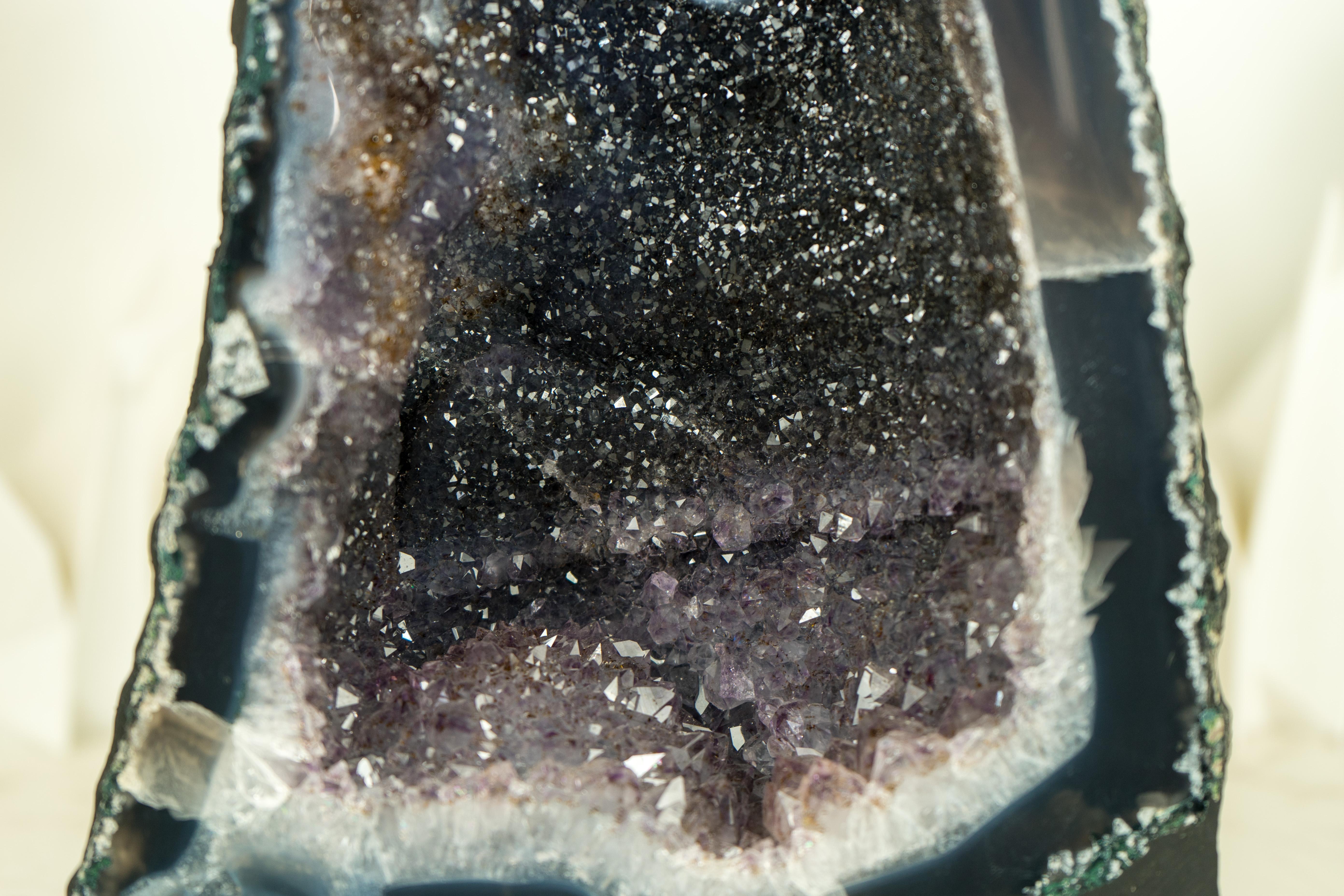 Pair of Book-Matching Natural Galaxy Amethyst Geodes with Agate Matrix In Excellent Condition For Sale In Ametista Do Sul, BR