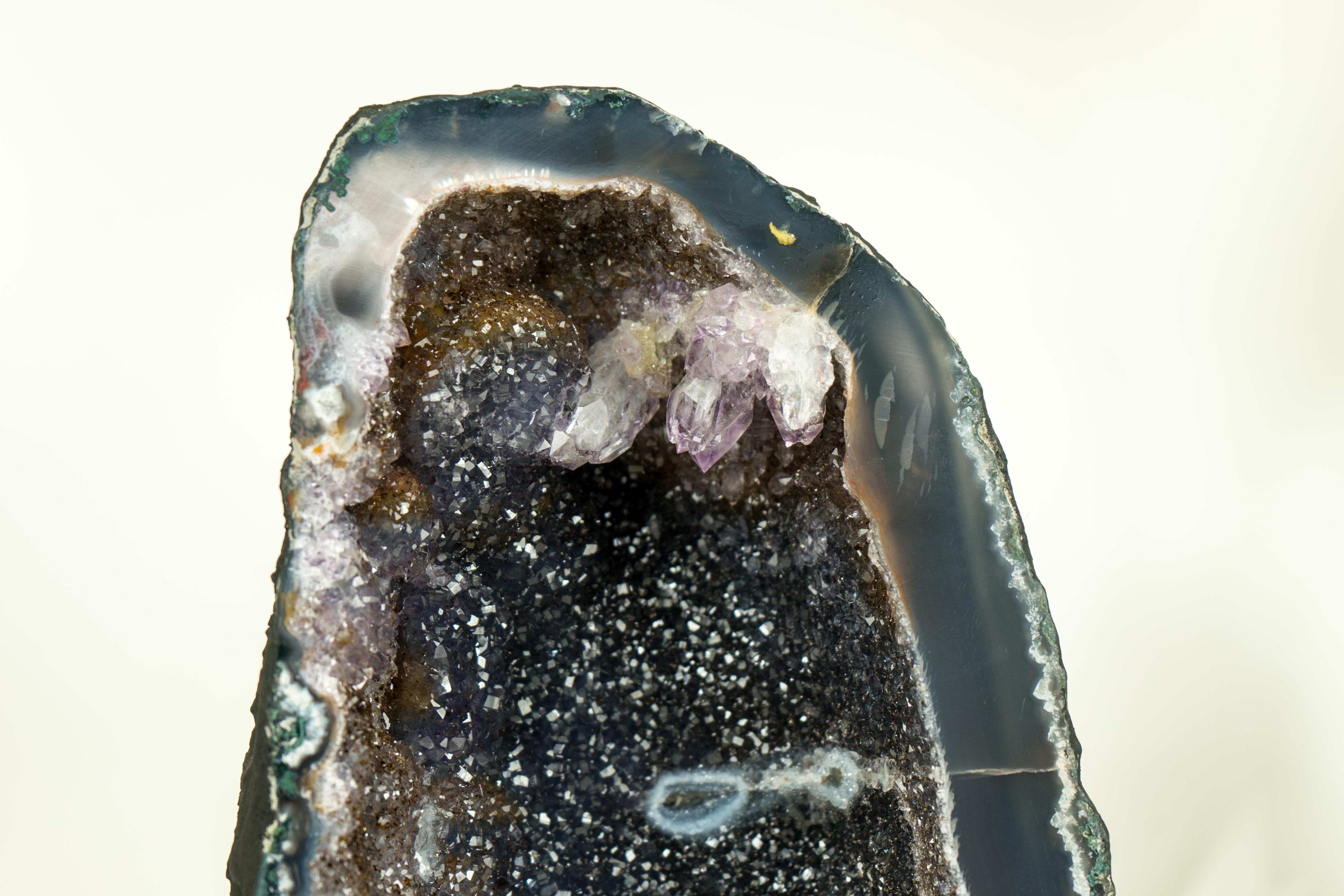 Pair of Book-Matching Natural Galaxy Amethyst Geodes with Agate Matrix For Sale 1
