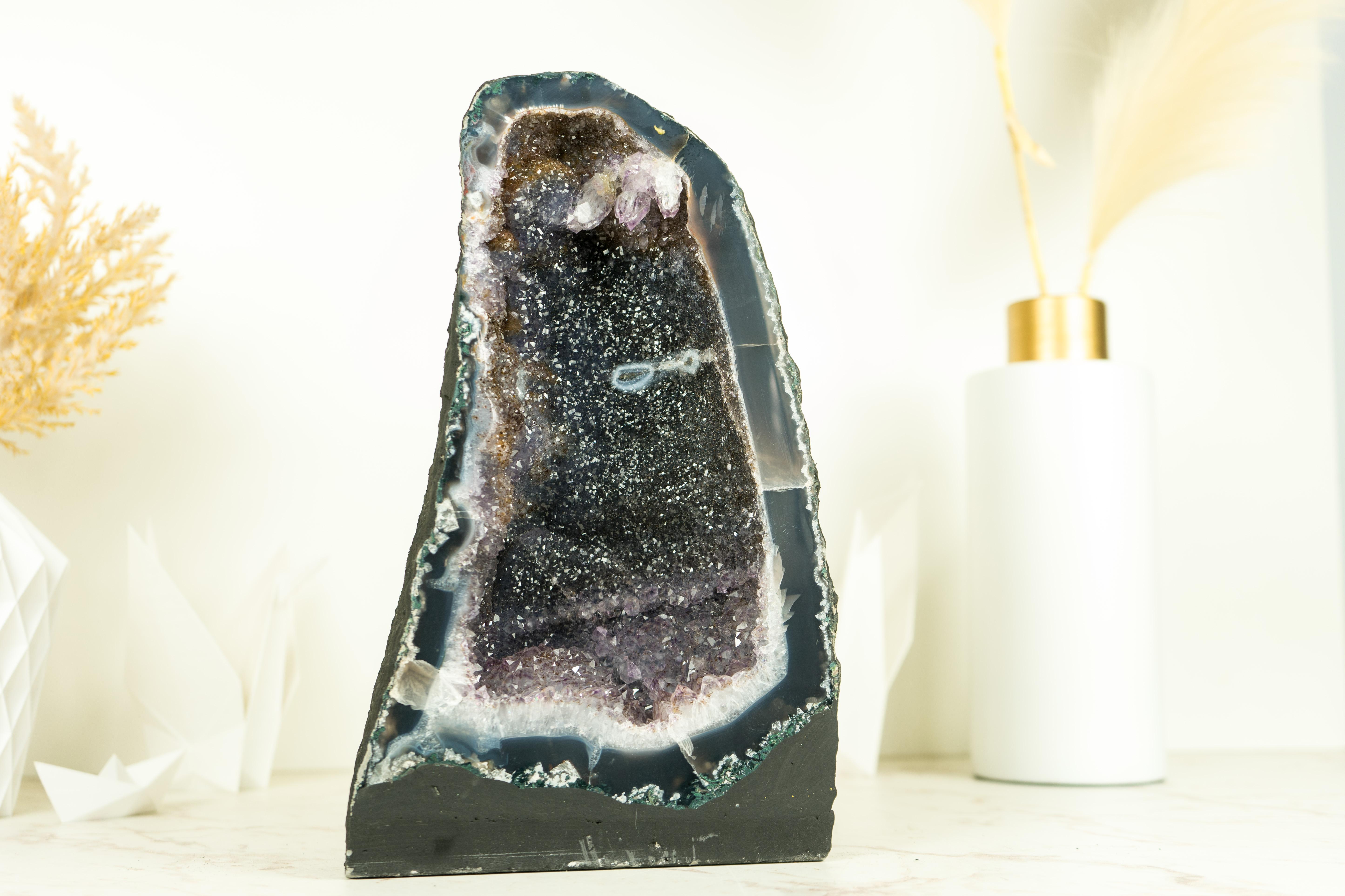 Pair of Book-Matching Natural Galaxy Amethyst Geodes with Agate Matrix For Sale 2