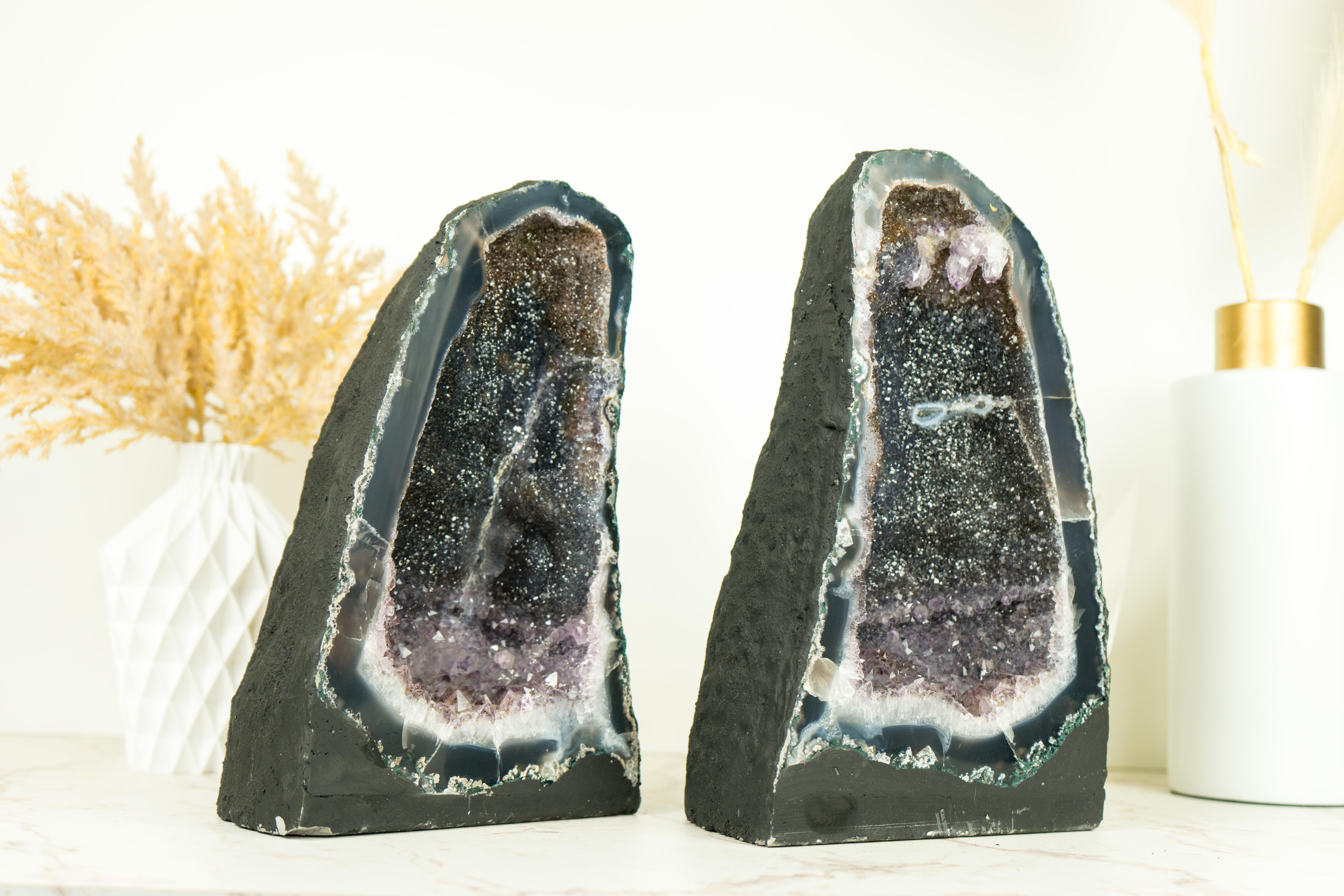 Pair of Book-Matching Natural Galaxy Amethyst Geodes with Agate Matrix For Sale 4