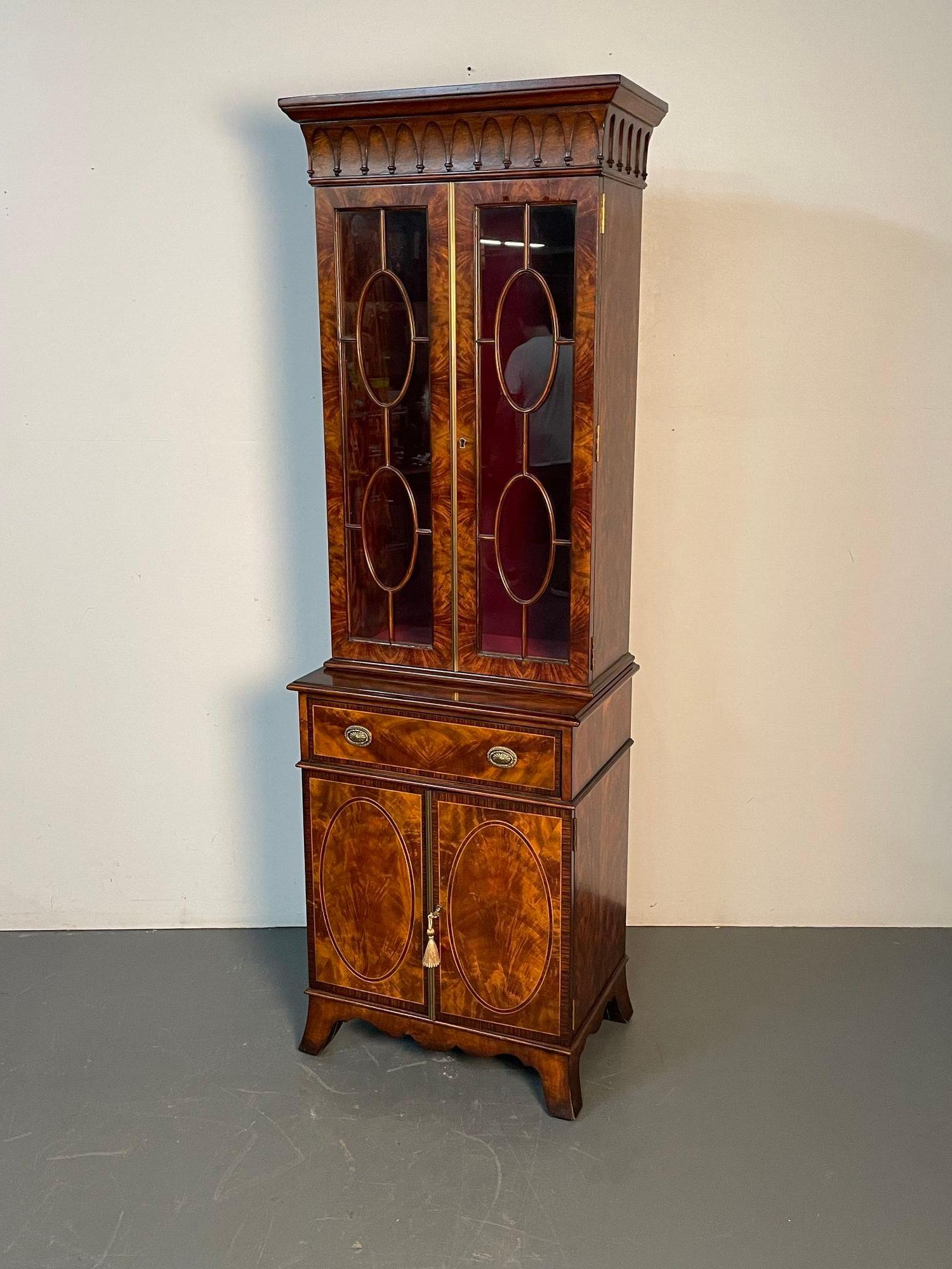 Georgian Theodore Alexander, Sheraton Style, Bookcases, Flame Mahogany, Glass, 1970s For Sale