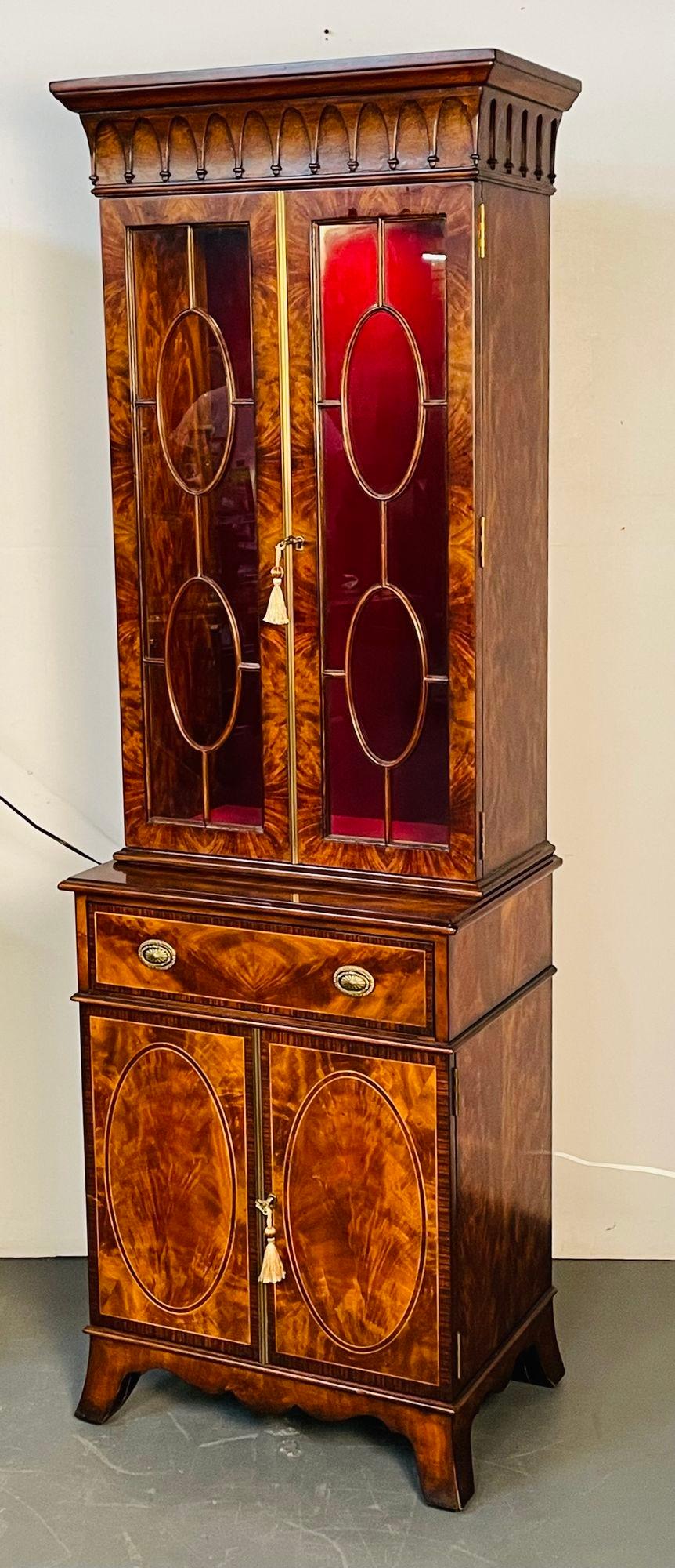 20th Century Theodore Alexander, Sheraton Style, Bookcases, Flame Mahogany, Glass, 1970s For Sale