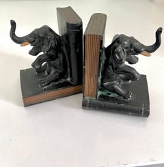Pair of Bookends Bronze Elephants Sitting with Books