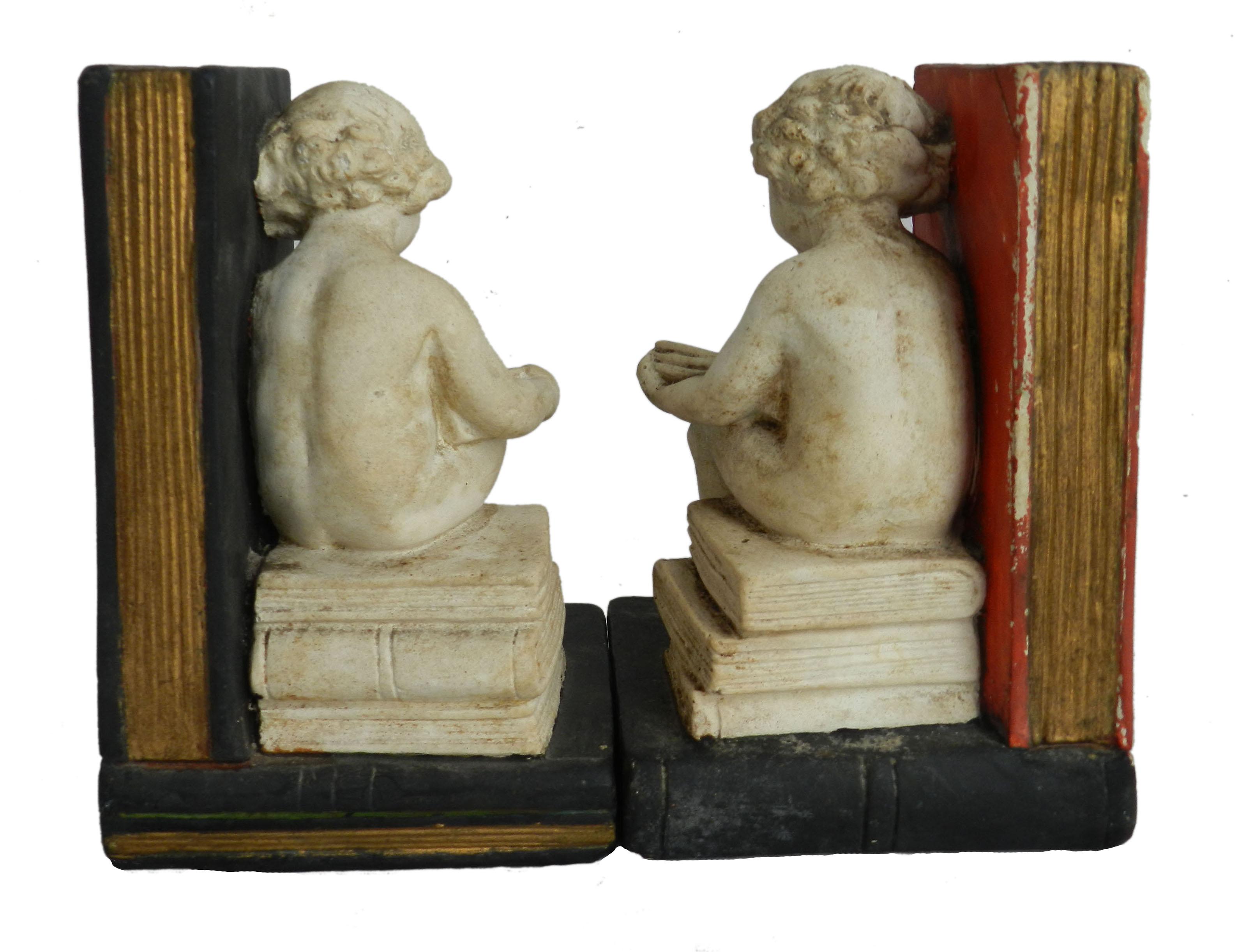 Edwardian Pair of Bookends Children Girl Boy Reading Book Plaster, circa 1920 For Sale