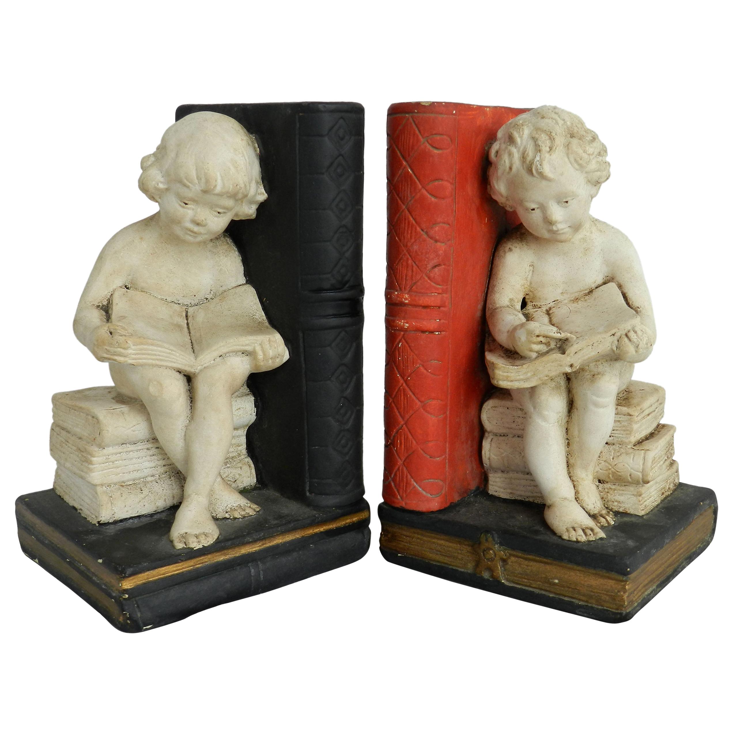 Pair of Bookends Children Girl Boy Reading Book Plaster, circa 1920 For Sale