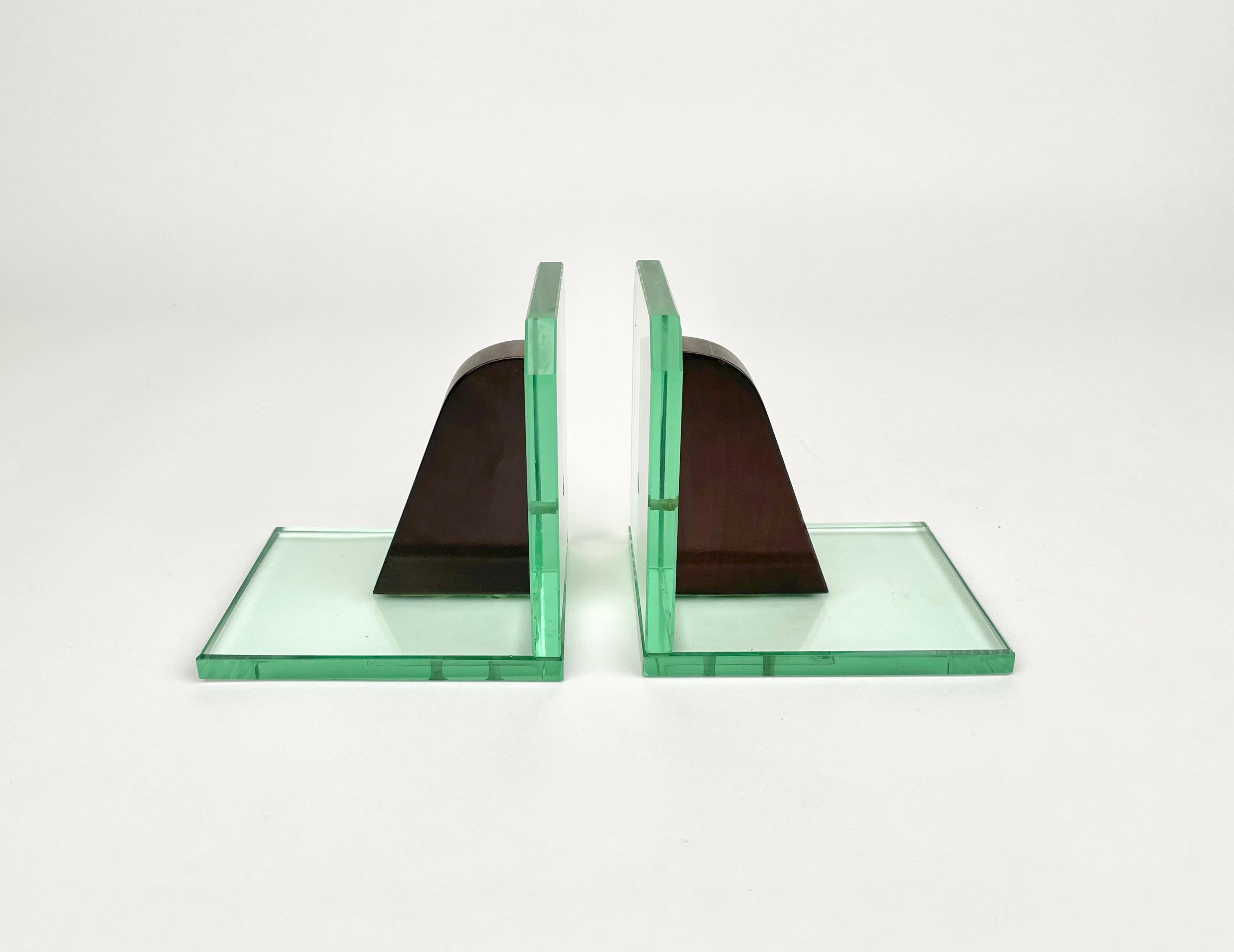 Italian Pair of Bookends Glass and Wood in the Style of Fontana Arte Italy 1950s For Sale