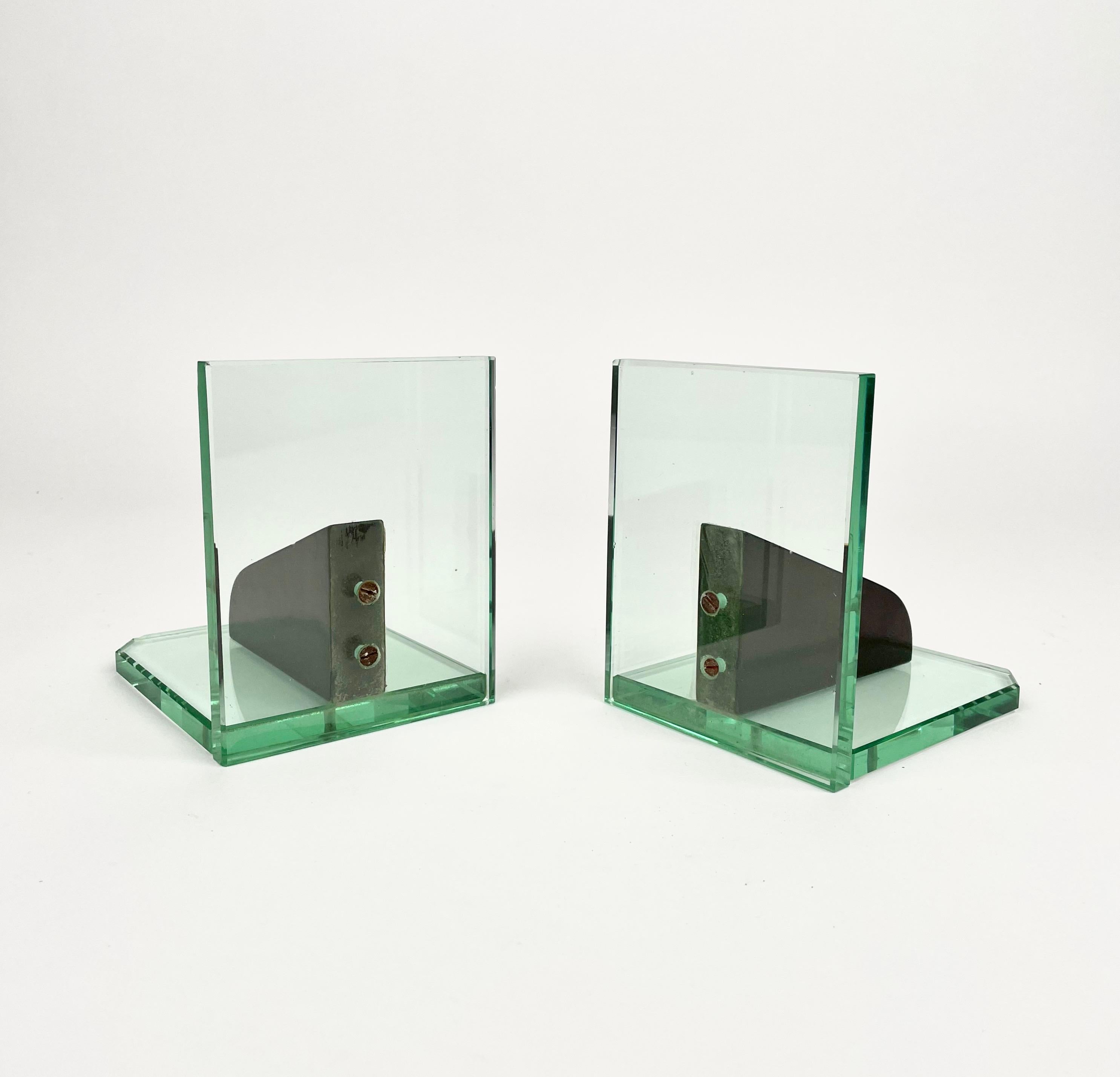 Pair of Bookends Glass and Wood in the Style of Fontana Arte Italy 1950s For Sale 3