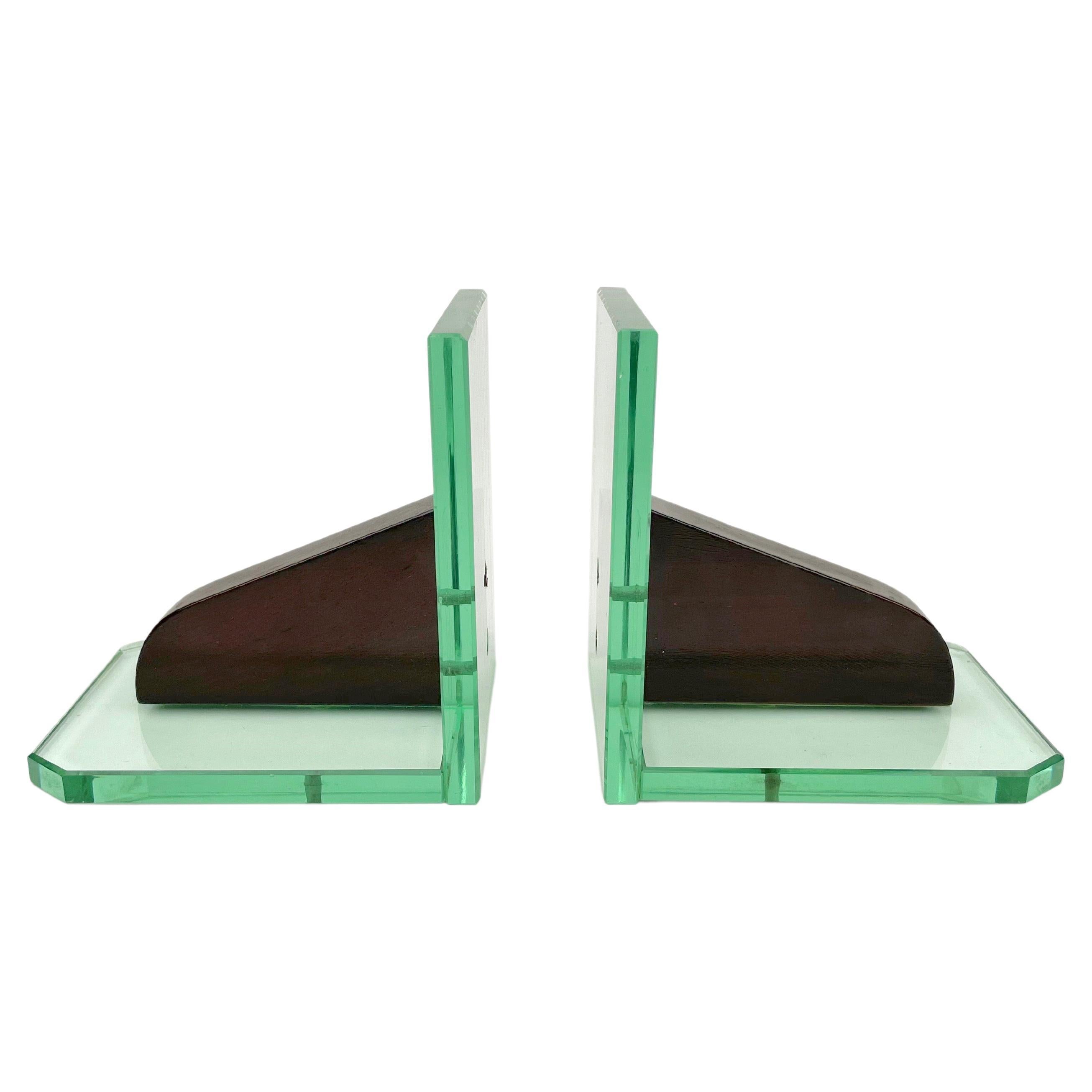 Pair of Bookends Glass and Wood in the Style of Fontana Arte Italy 1950s