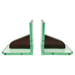 Retro Pair of Bookends Glass and Wood in the Style of Fontana Arte Italy 1950s