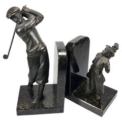 Pair of Bookends, Golf Player and Caddy, circa 1900