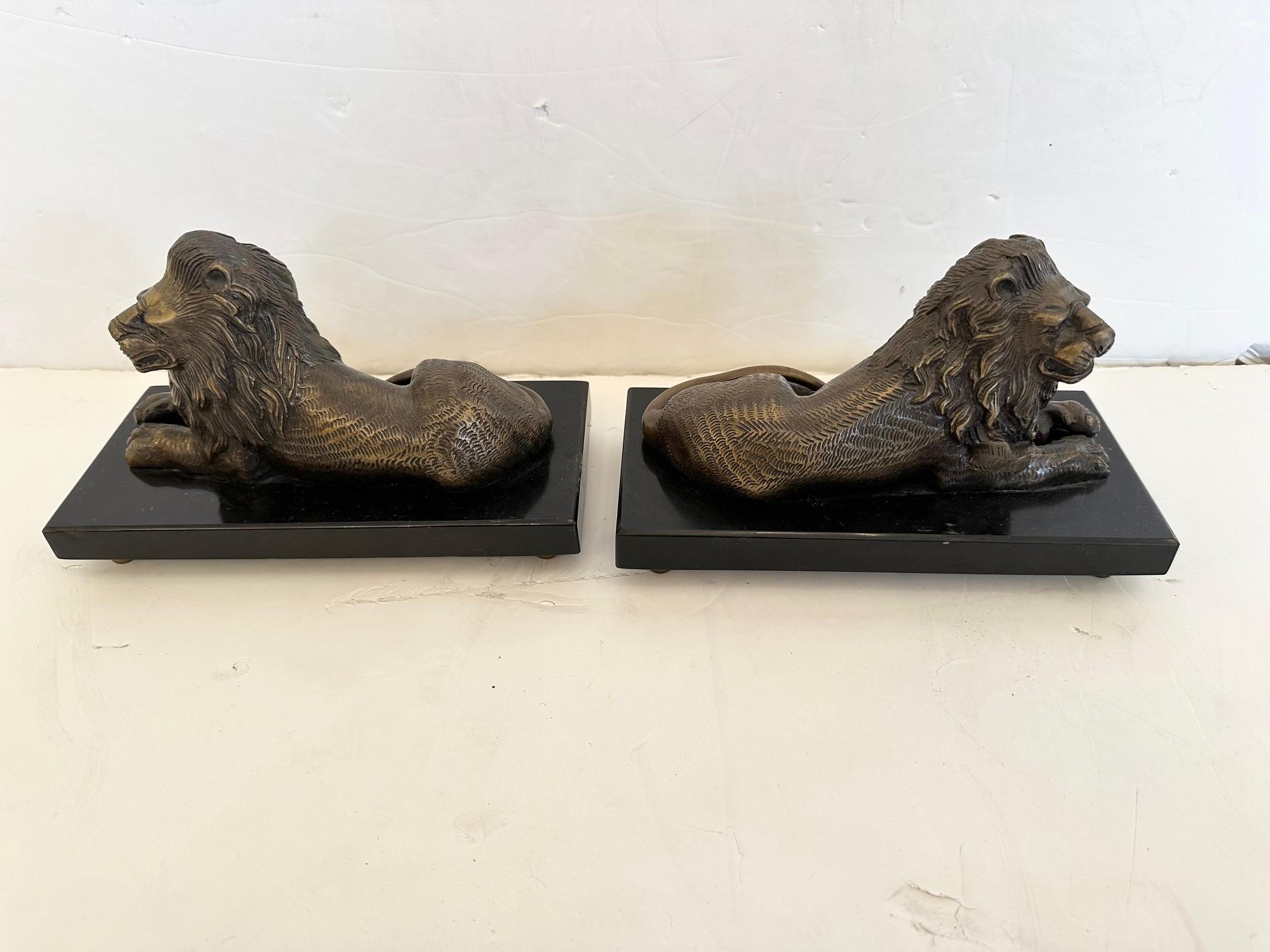 Pair of Bookends Having Recumbent Bronze Lions on Belgian Slate Bases For Sale 3
