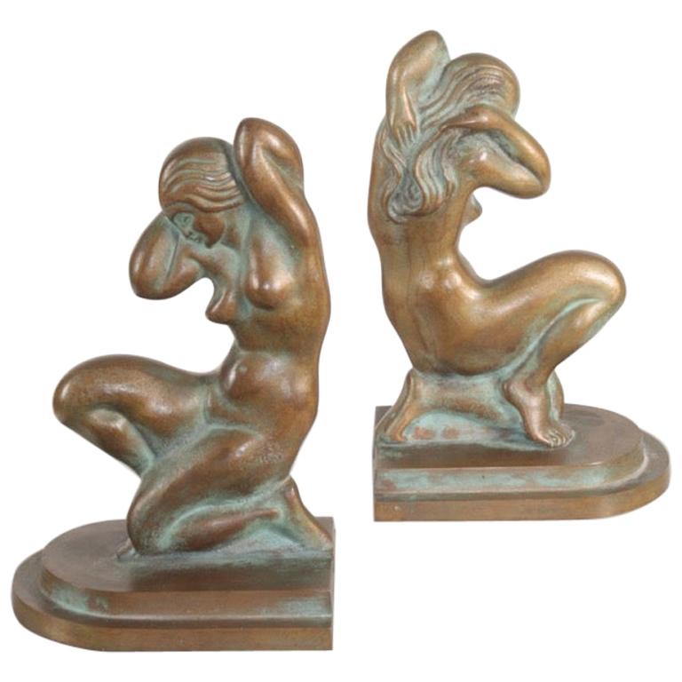 Pair of Bookends in Patinated Bronze by Tinos, Made in Denmark, 1930s