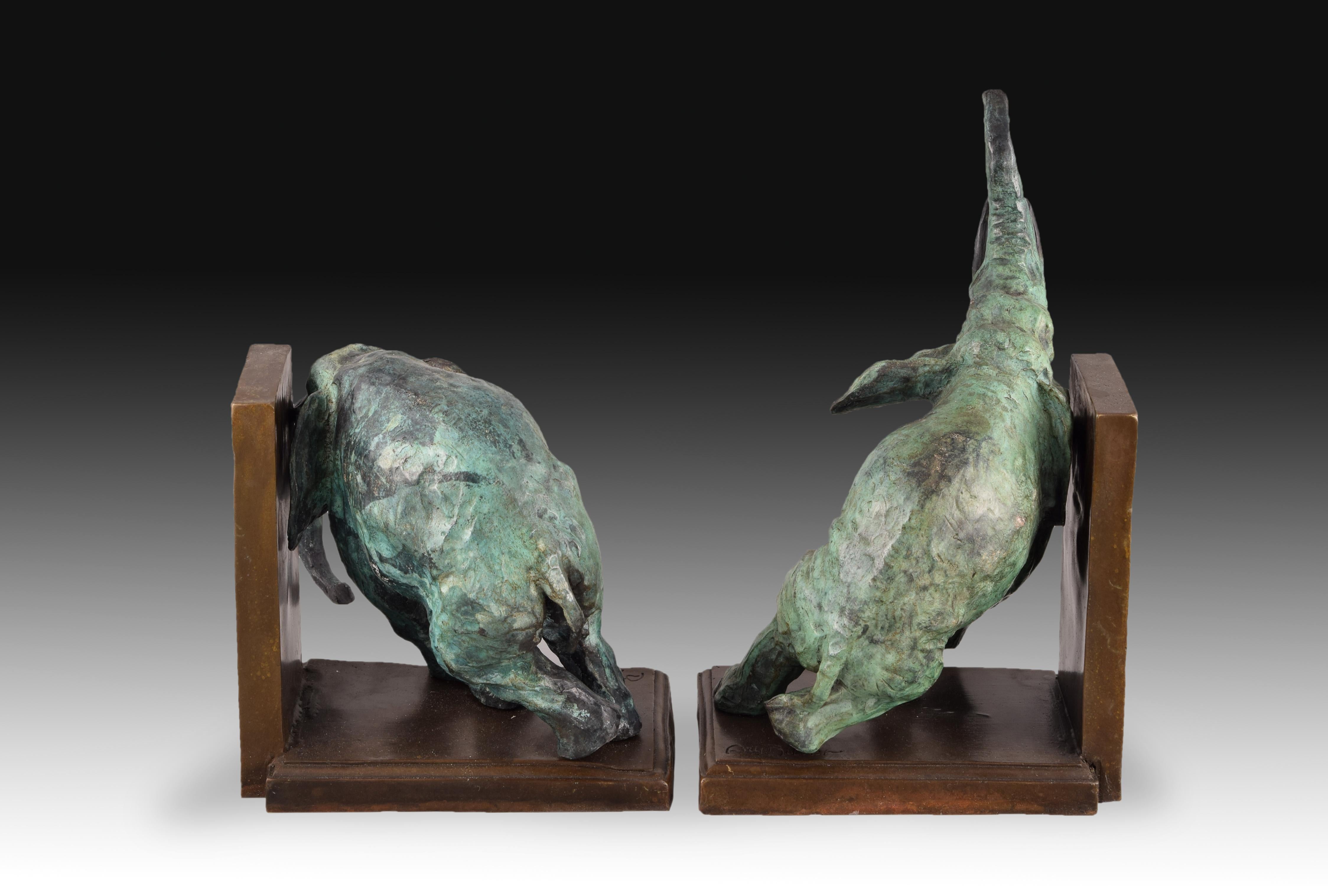 Pair of Bookends in Patinated Bronze, 