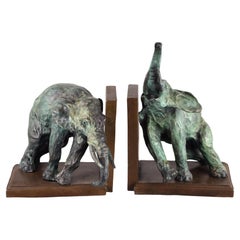 Pair of Bookends in Patinated Bronze, "Elephants", After Models by Ary Bitter