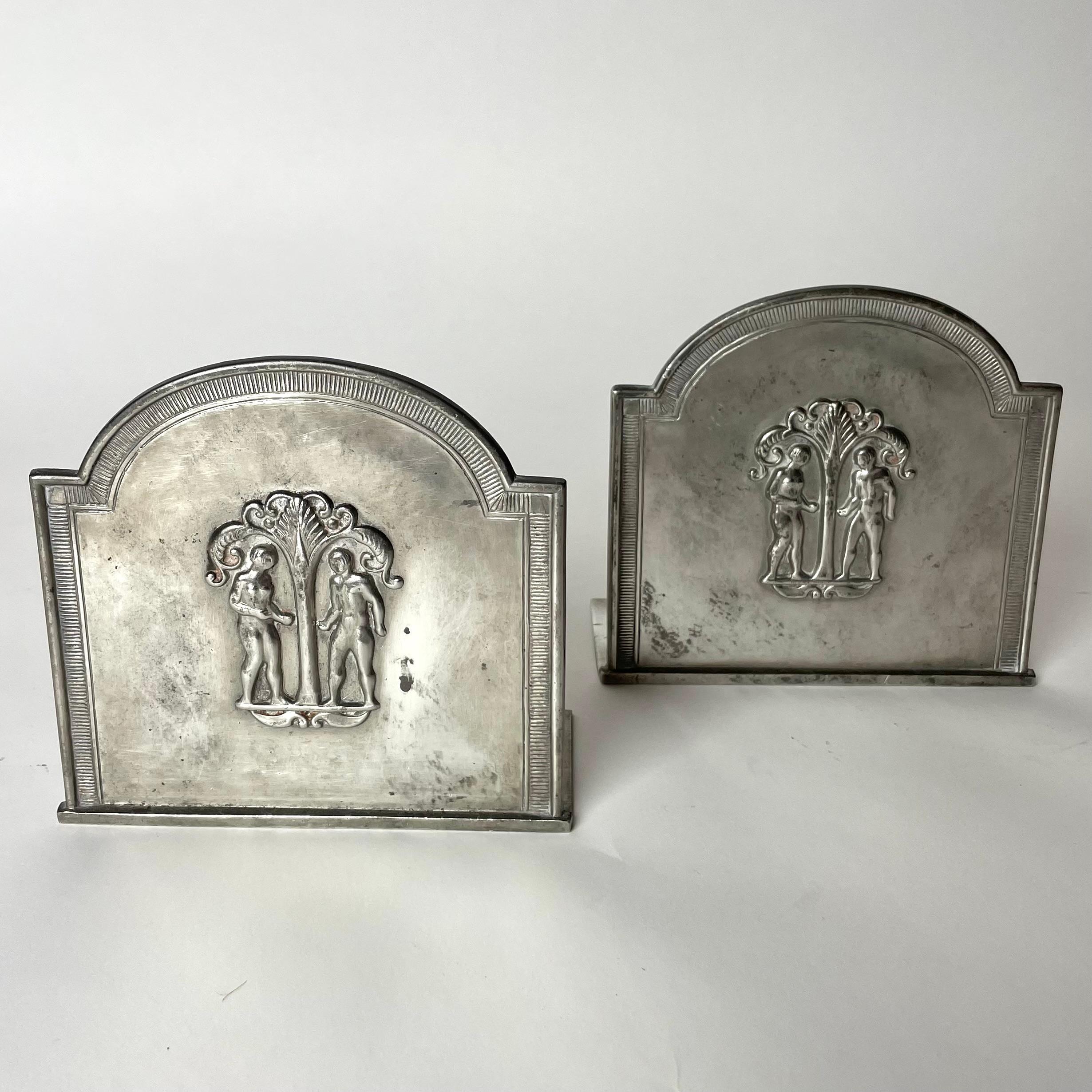 Art Deco Pair of Bookends in Pewter with decoration of Adam and Eve by Just Andersen 1930 For Sale