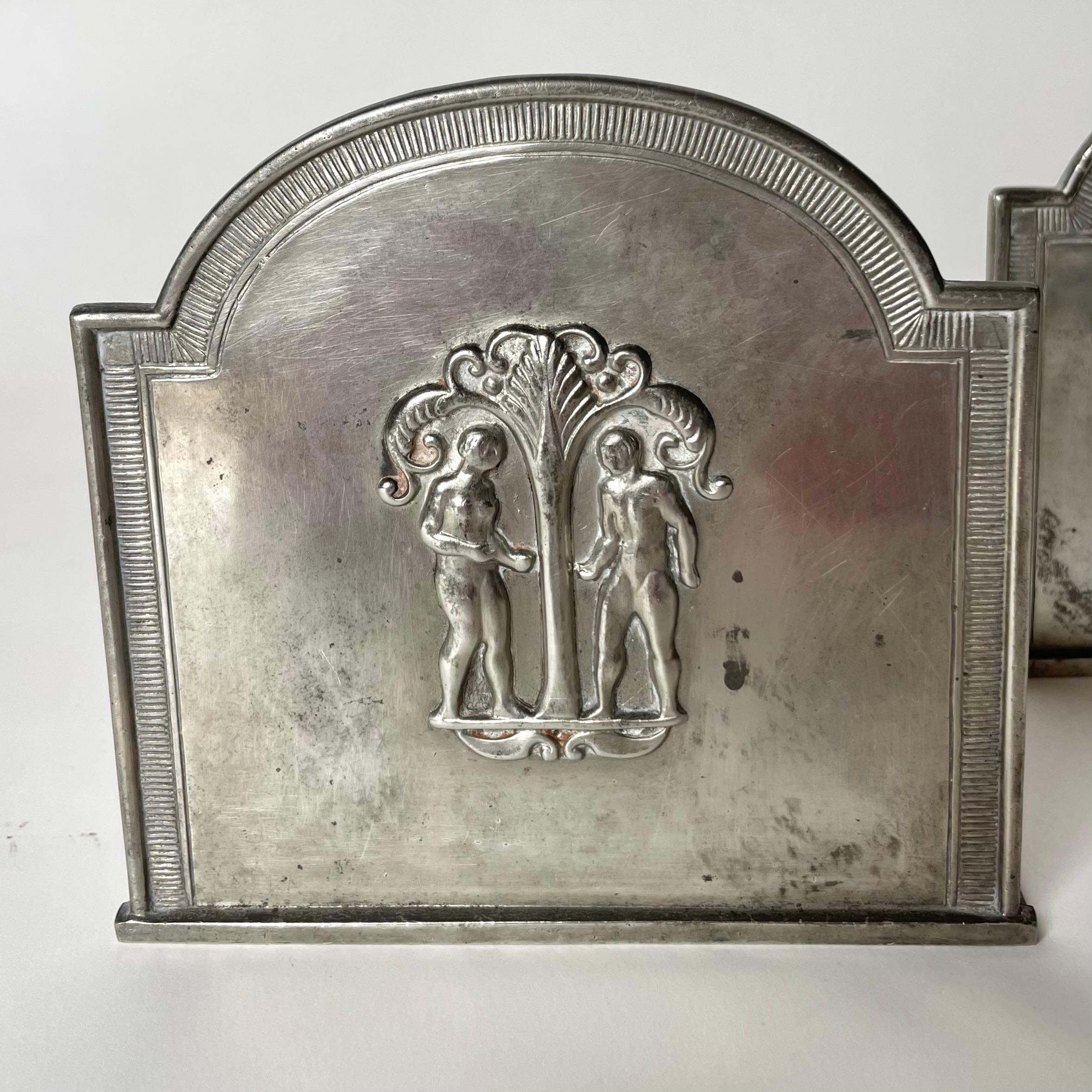 Pair of Bookends in Pewter with decoration of Adam and Eve by Just Andersen 1930 For Sale 1