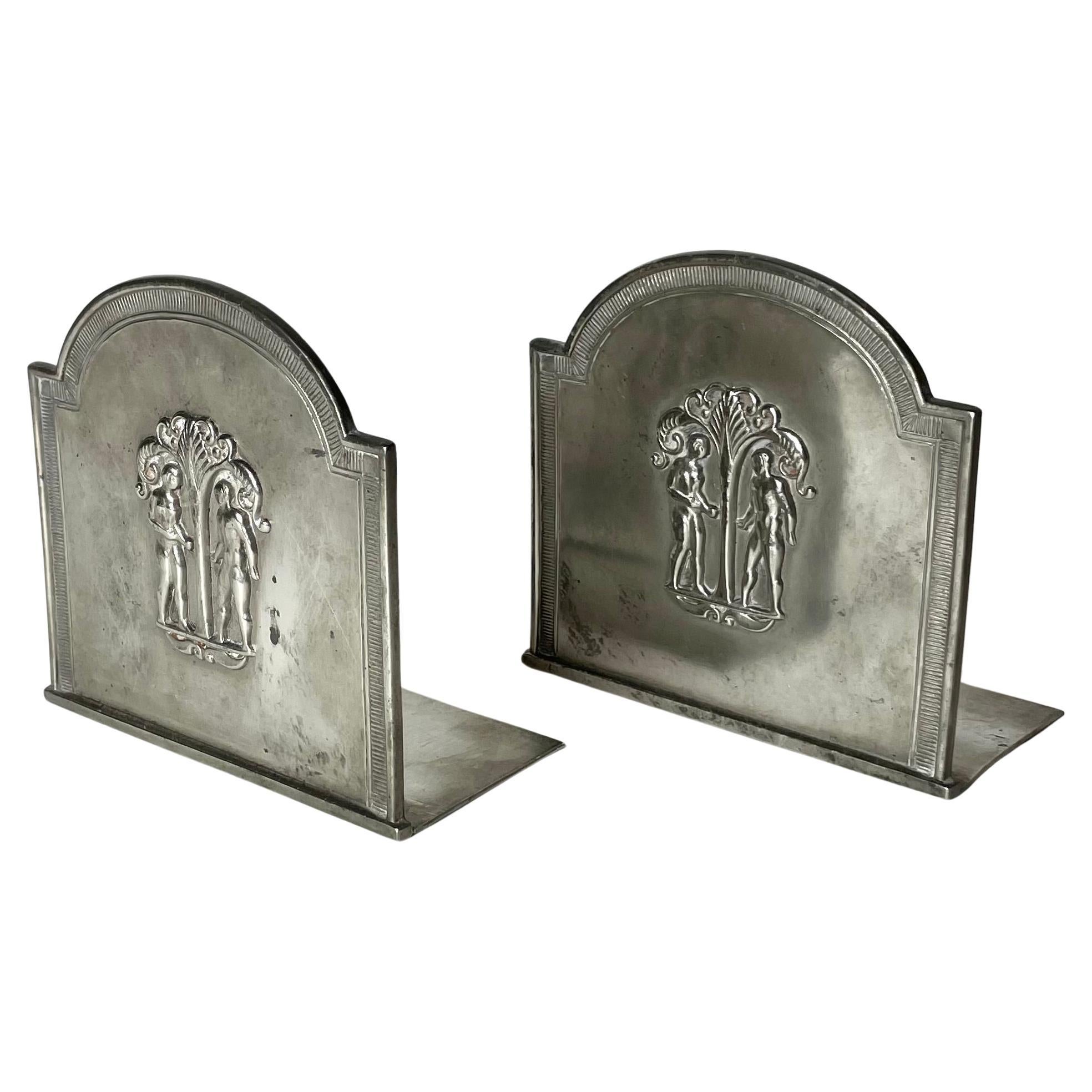 Pair of Bookends in Pewter with decoration of Adam and Eve by Just Andersen 1930 For Sale