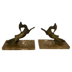 Pair of French Art Deco Bookends on Marble Bases, Leaping Antelopes