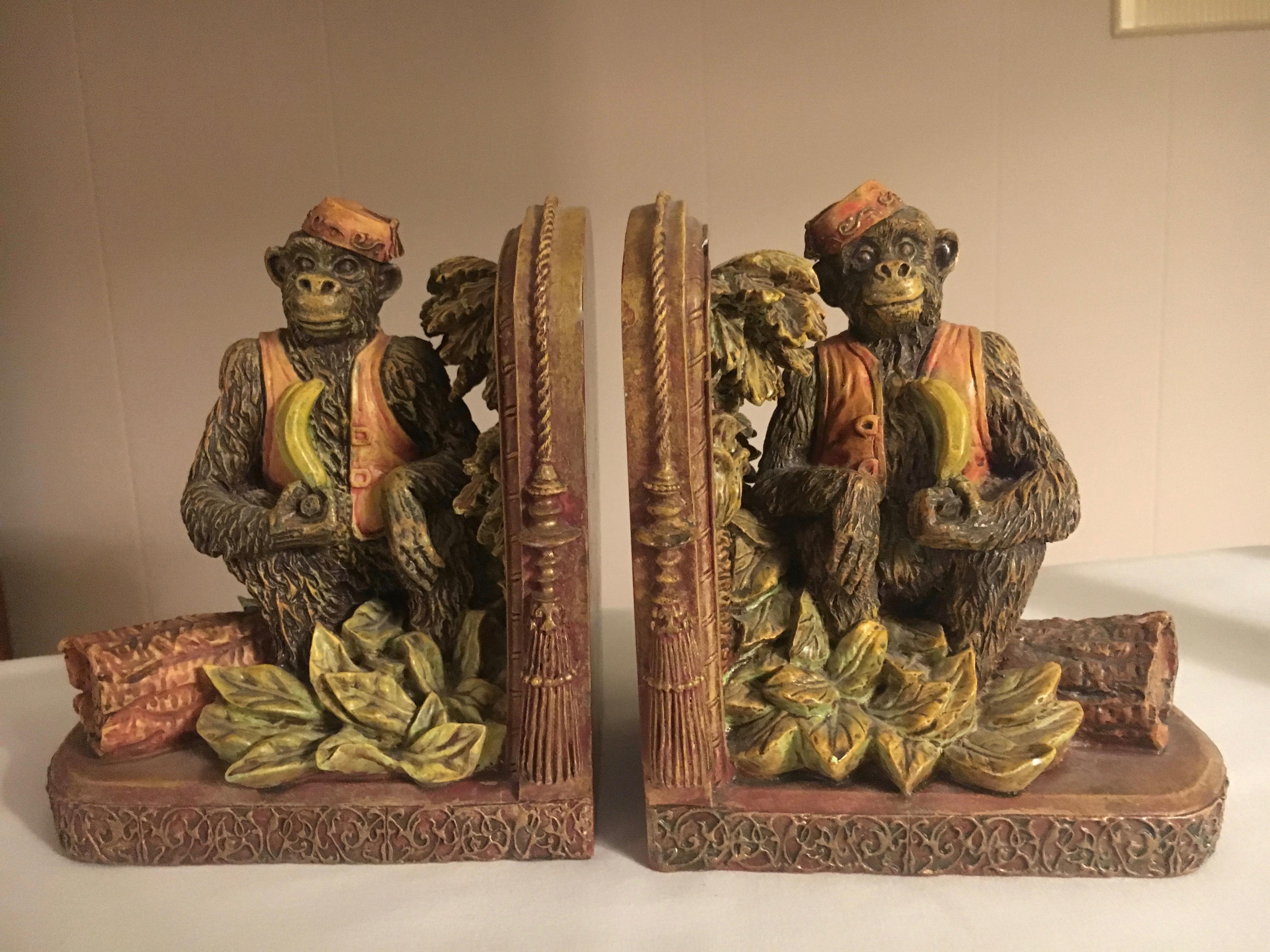 Pair of bookends with monkeys, a handsome pair of monkey's, whimsical and colorful. Perfect for any room or shelf, especially the Childs room. Material is resilient composition.