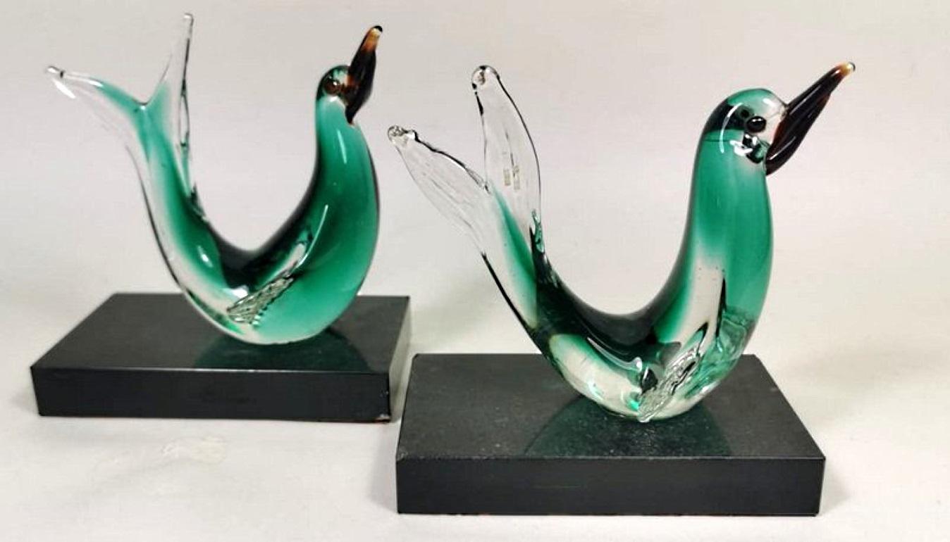Mid-Century Modern Murano Glass Italian Pair of Bookends with Birds, Italy