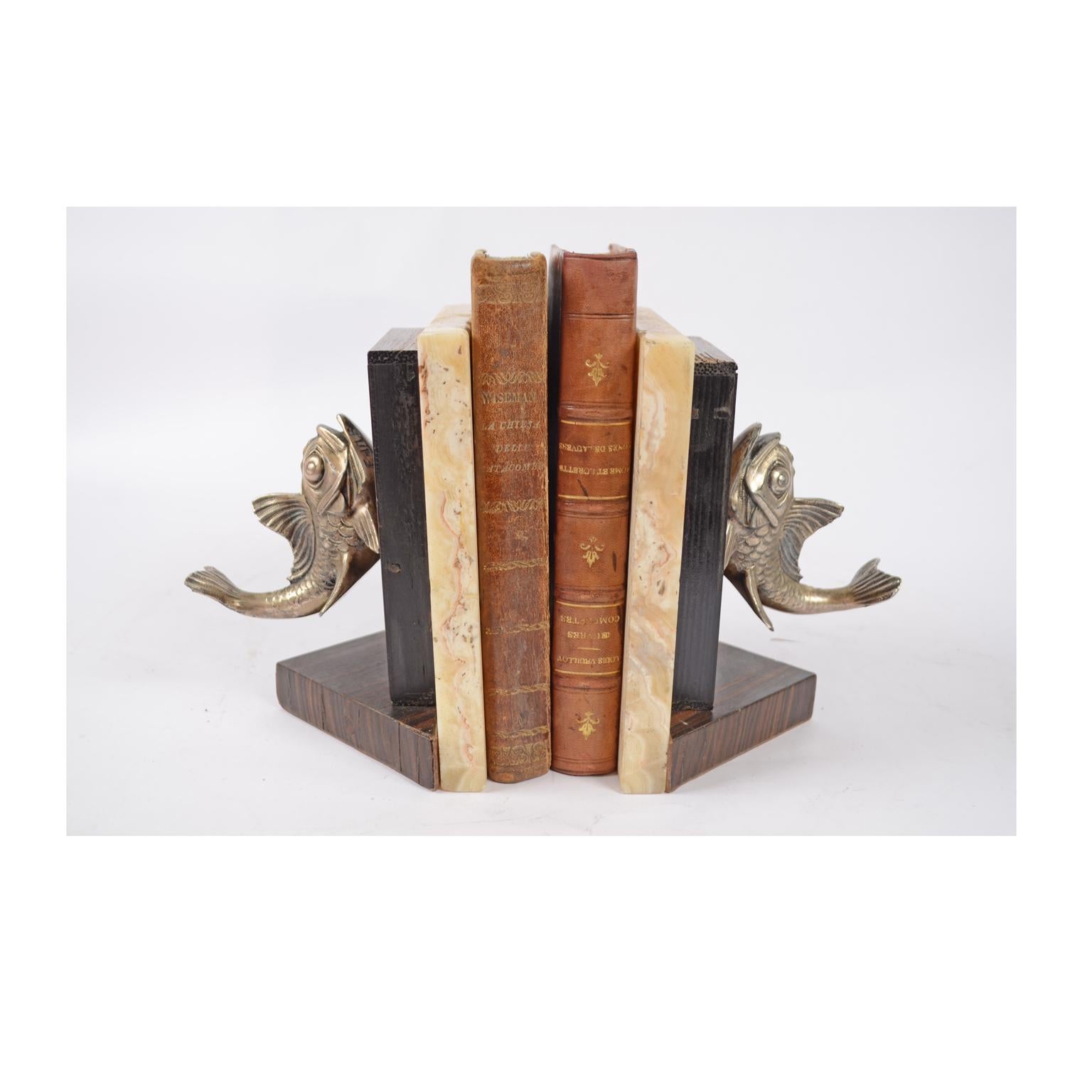 French Pair of Bookends with Two Carps Made of Marble, Antimony and Wood France 1930s
