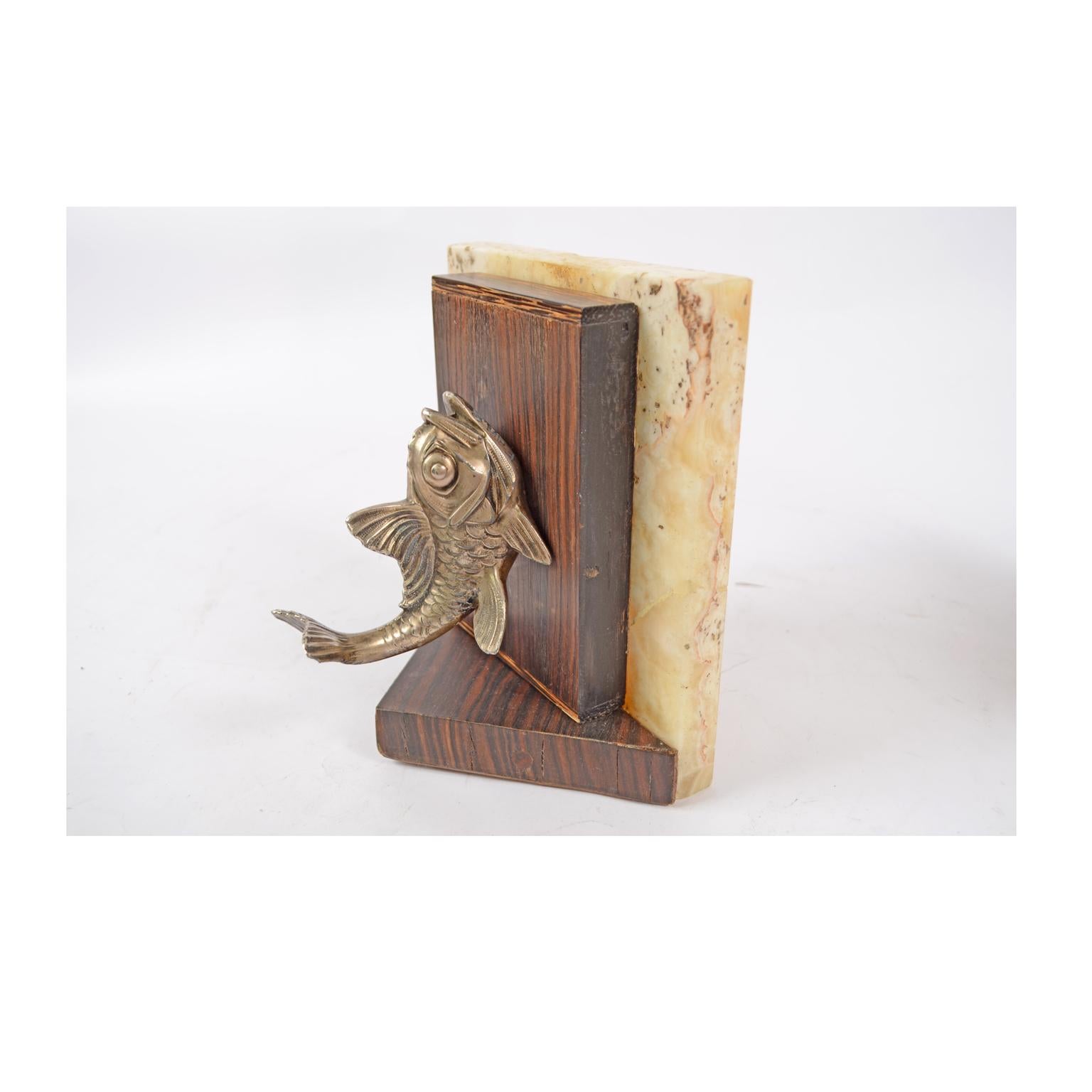 Mid-20th Century Pair of Bookends with Two Carps Made of Marble, Antimony and Wood France 1930s