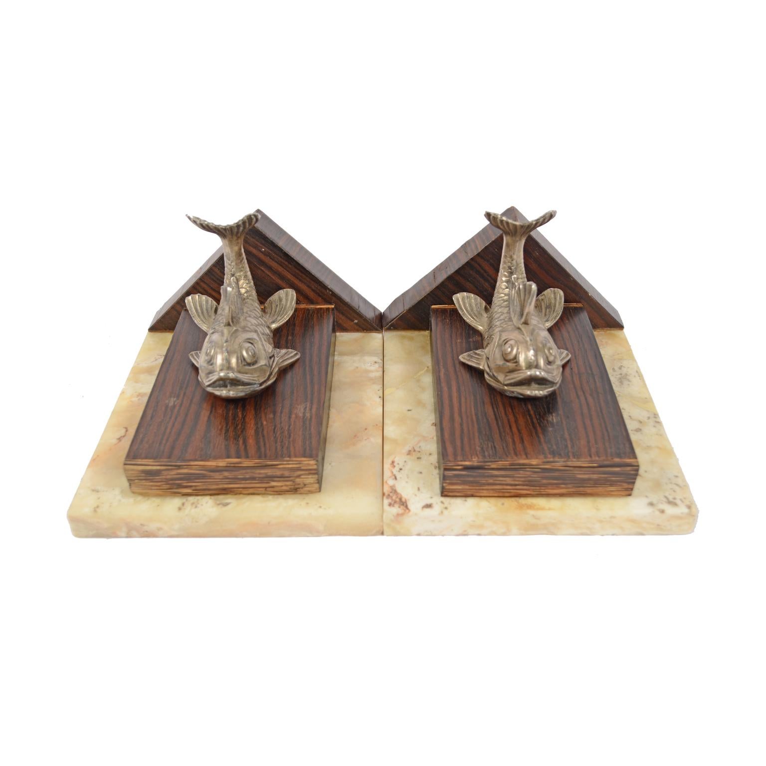 Pair of Bookends with Two Carps Made of Marble, Antimony and Wood France 1930s 2