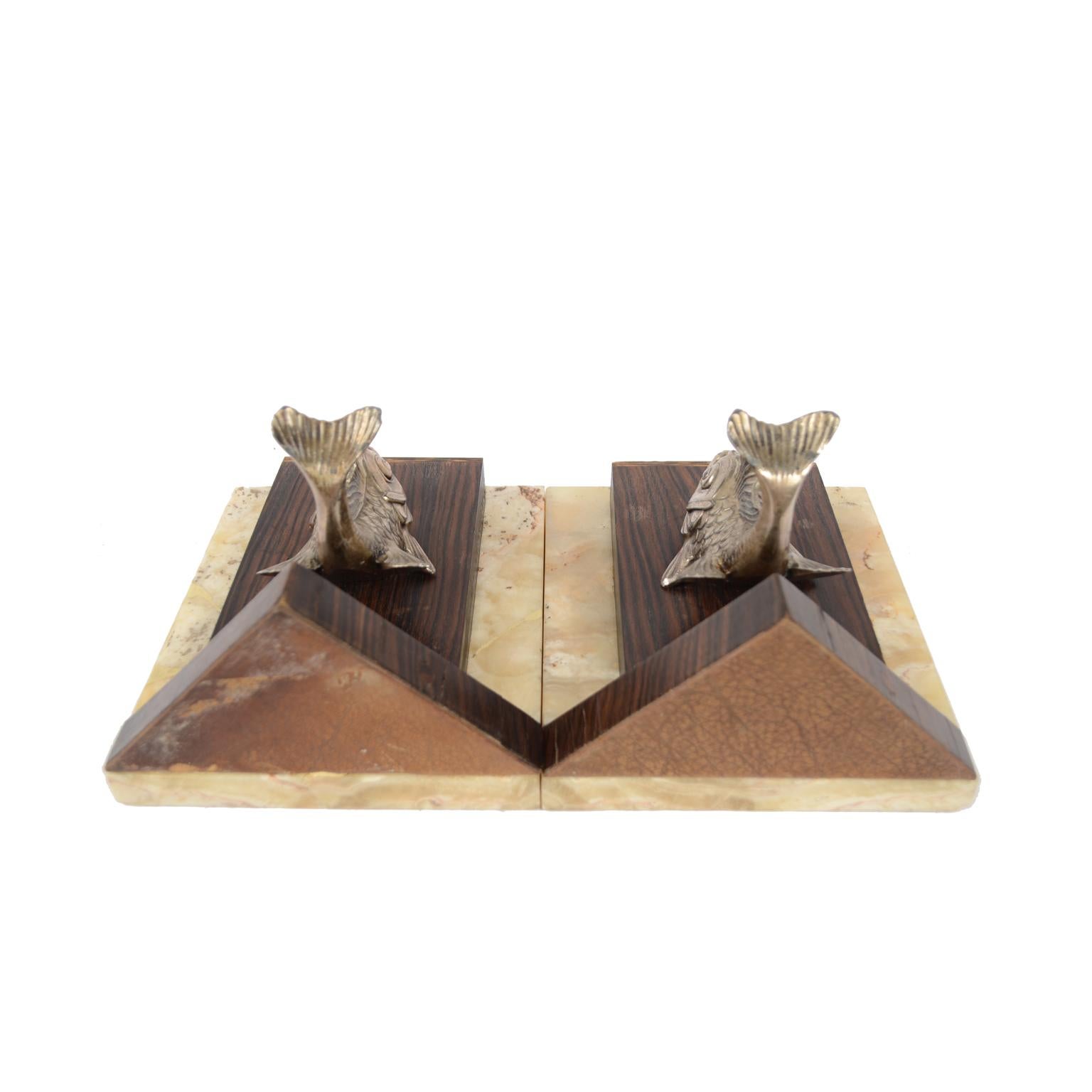 Pair of Bookends with Two Carps Made of Marble, Antimony and Wood France 1930s 3