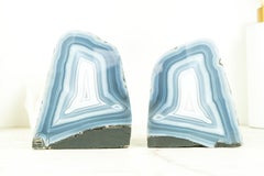 Pair of Bookmatched Small Blue Lace Agate Geodes with Polished, Landscaped Backs
