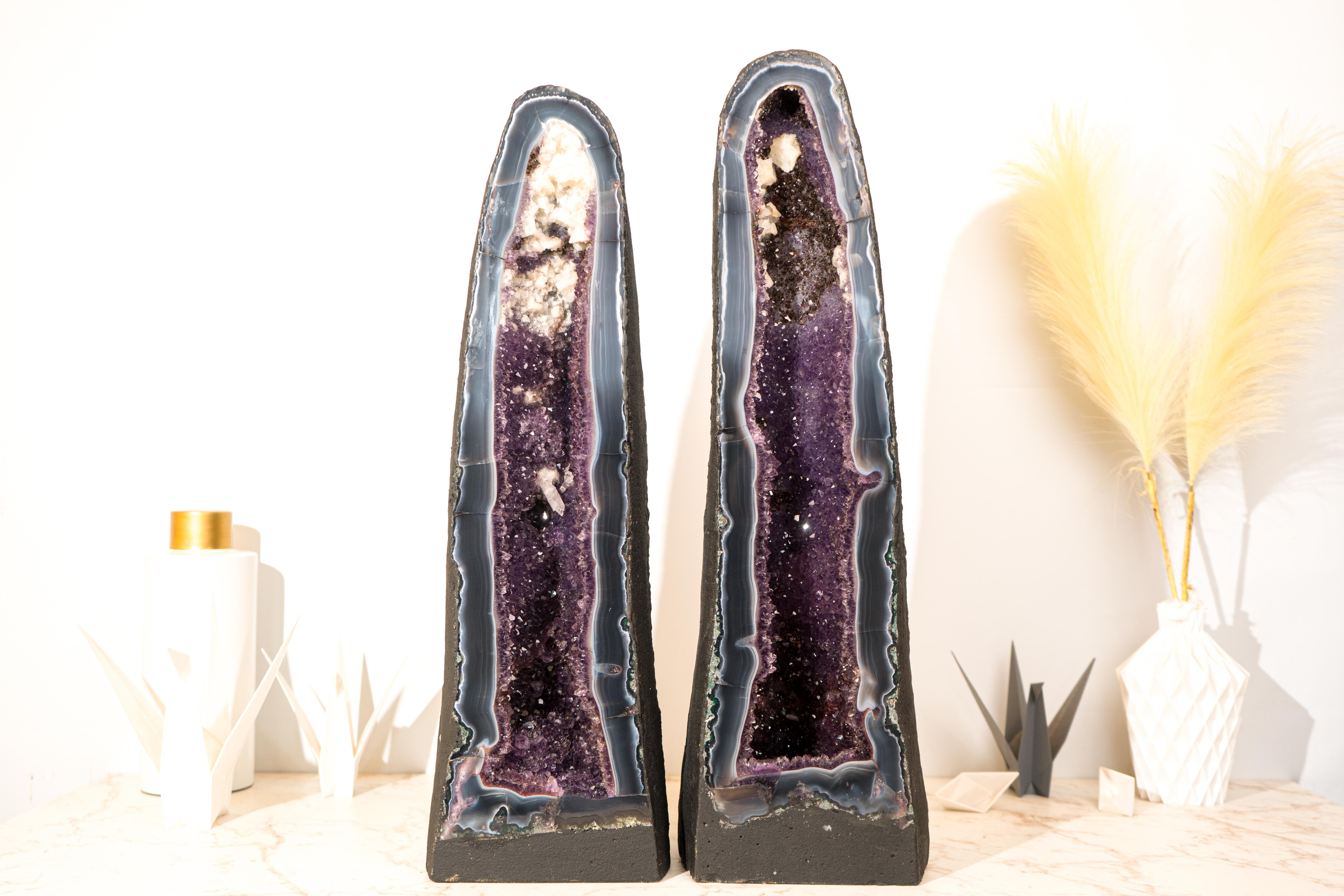 Brazilian Pair of Bookmatching 24 In Tall Deep Purple Amethyst Geodes with Blue Lace Agate
