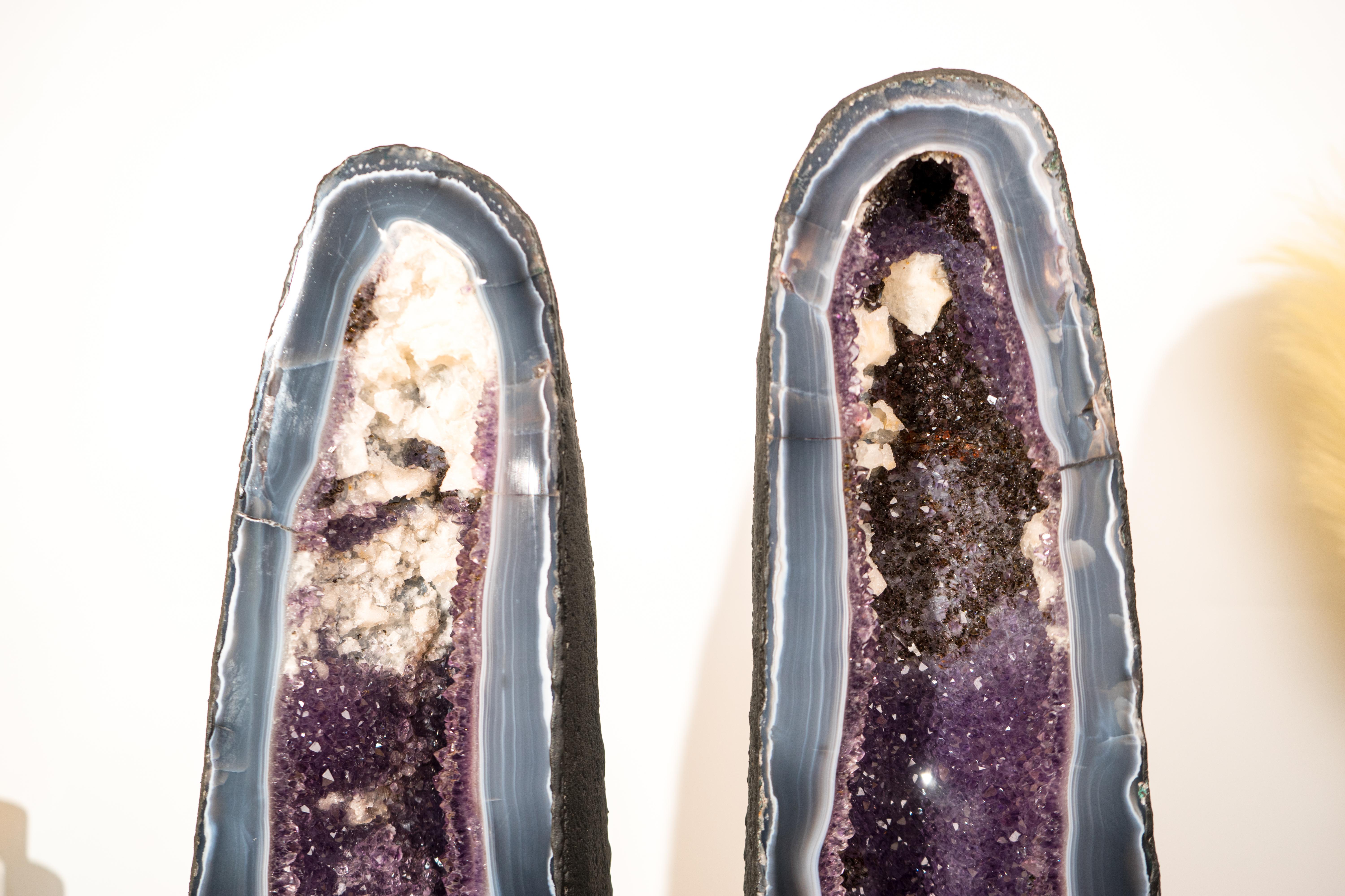 Contemporary Pair of Bookmatching 24 In Tall Deep Purple Amethyst Geodes with Blue Lace Agate
