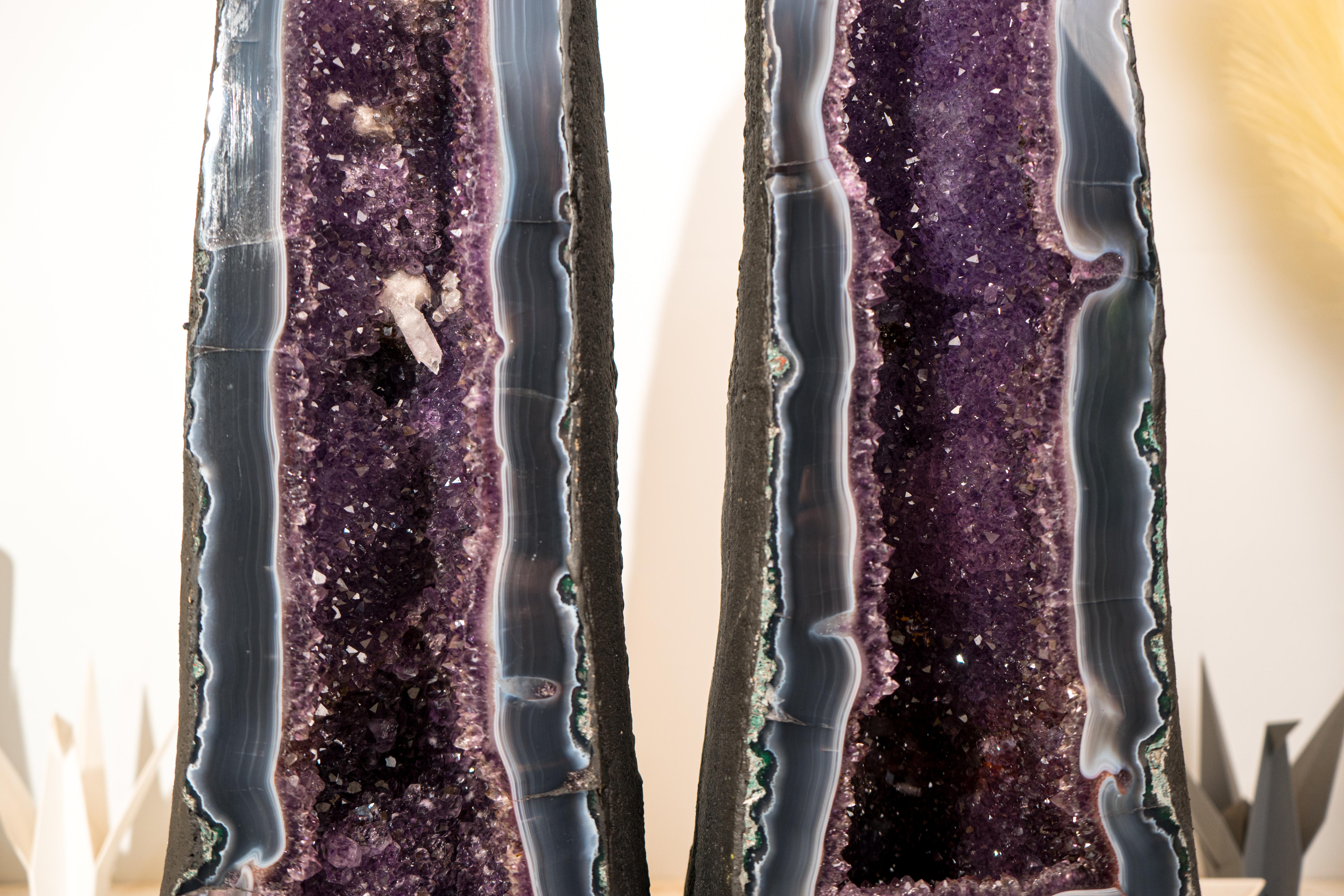 Crystal Pair of Bookmatching 24 In Tall Deep Purple Amethyst Geodes with Blue Lace Agate