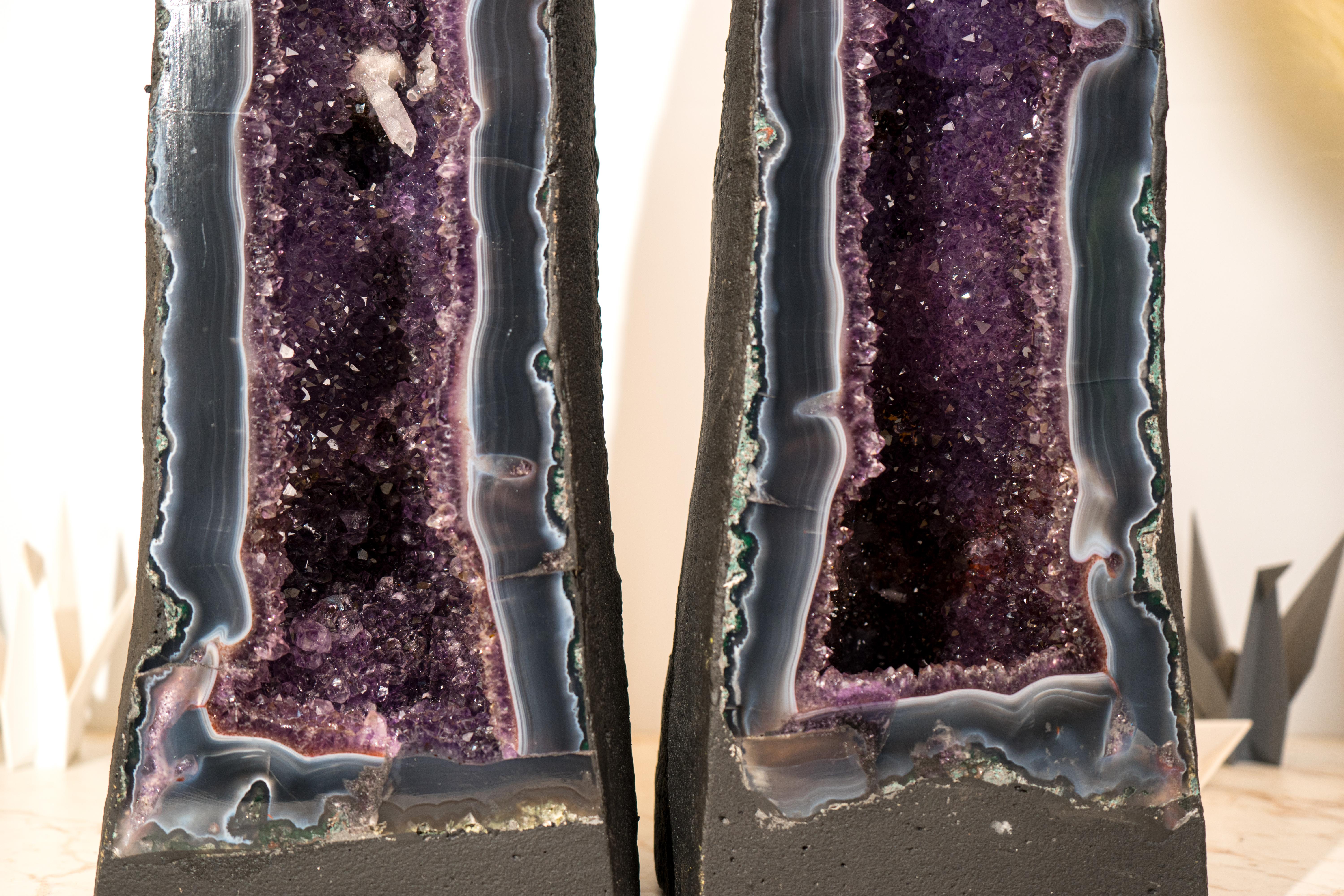Pair of Bookmatching 24 In Tall Deep Purple Amethyst Geodes with Blue Lace Agate 1