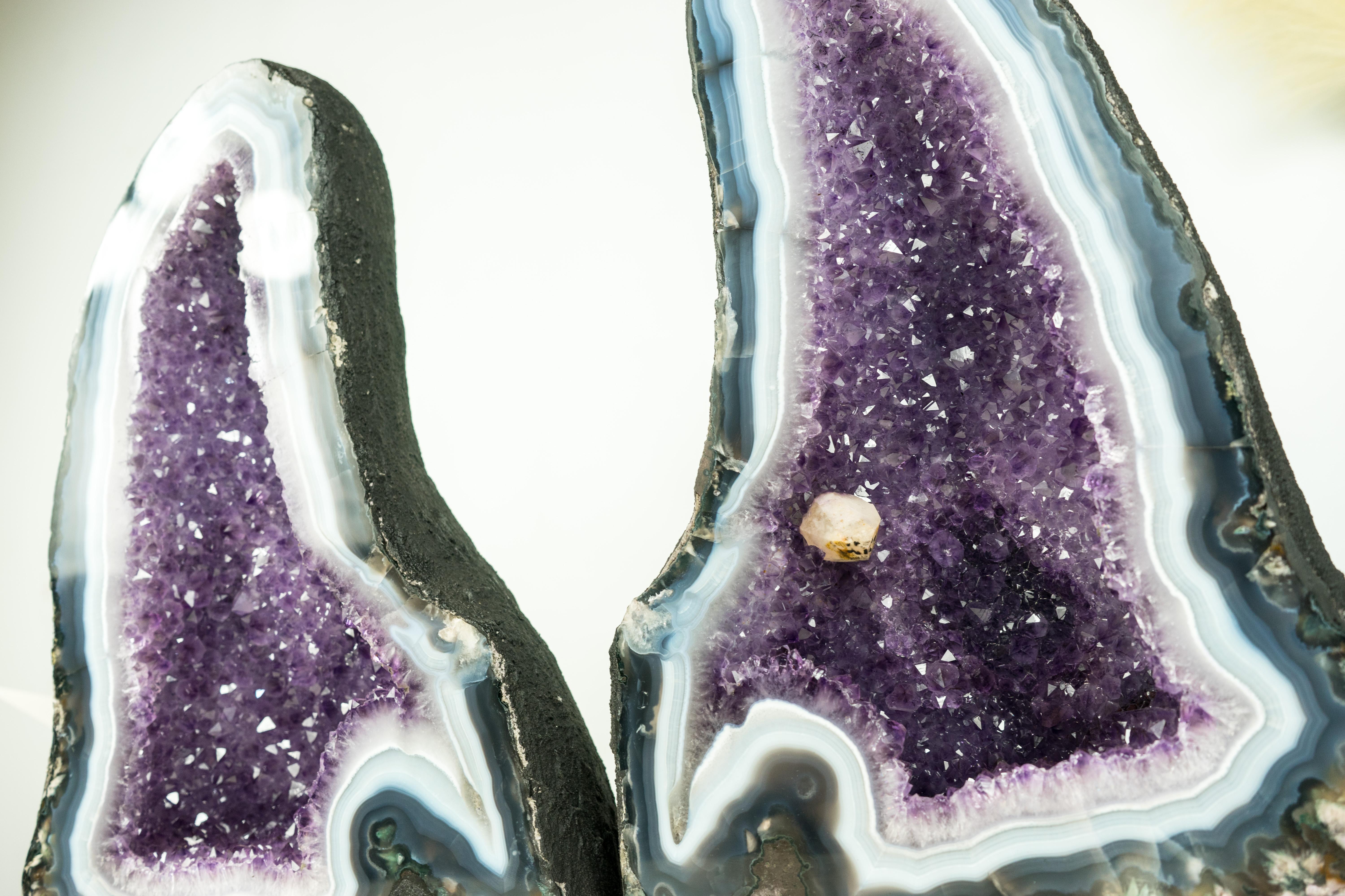Pair of Bookmatching Natural Agate Geode Cathedrals with White & Blue Laces For Sale 4