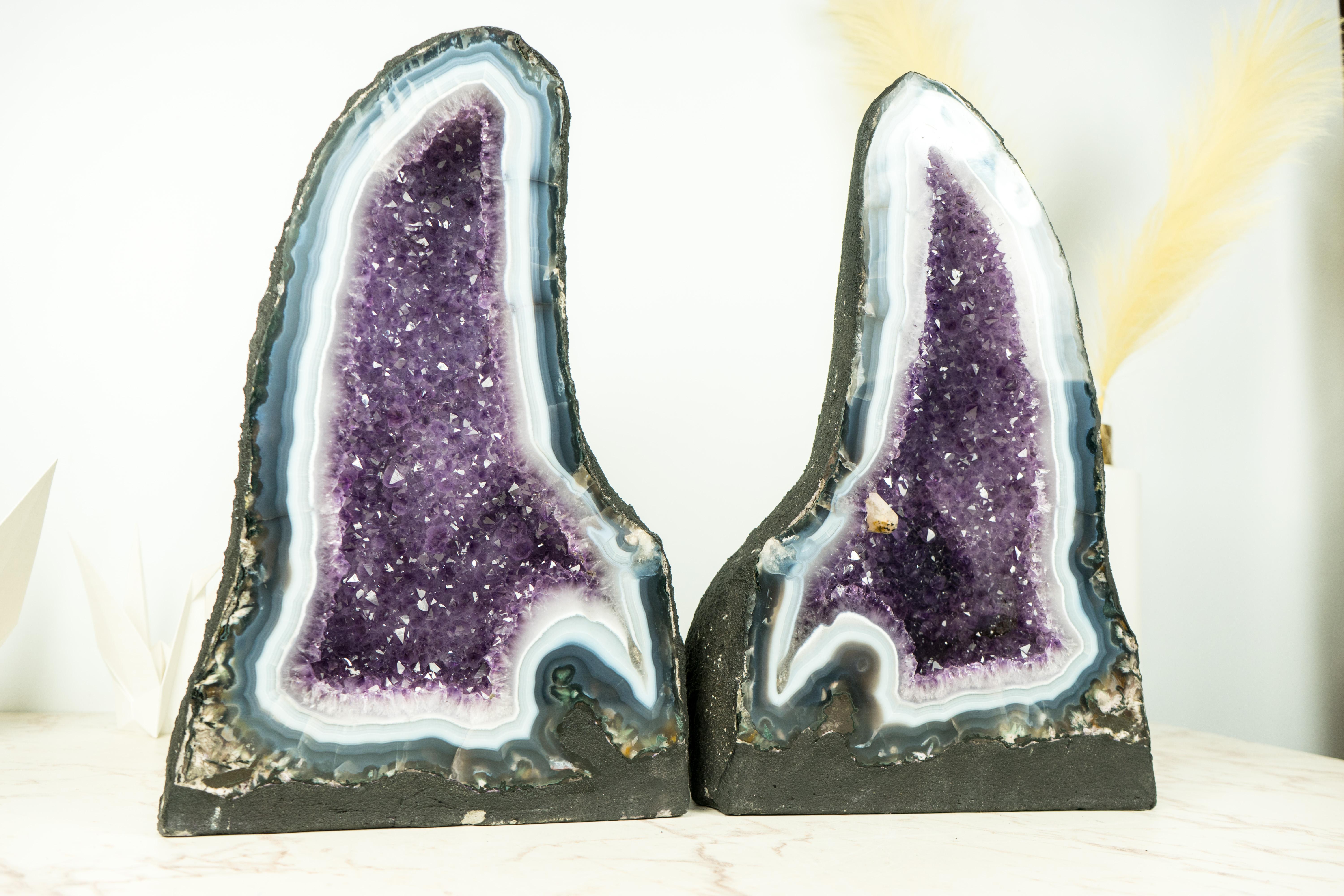 Pair of Bookmatching Natural Agate Geode Cathedrals with White & Blue Laces For Sale 5