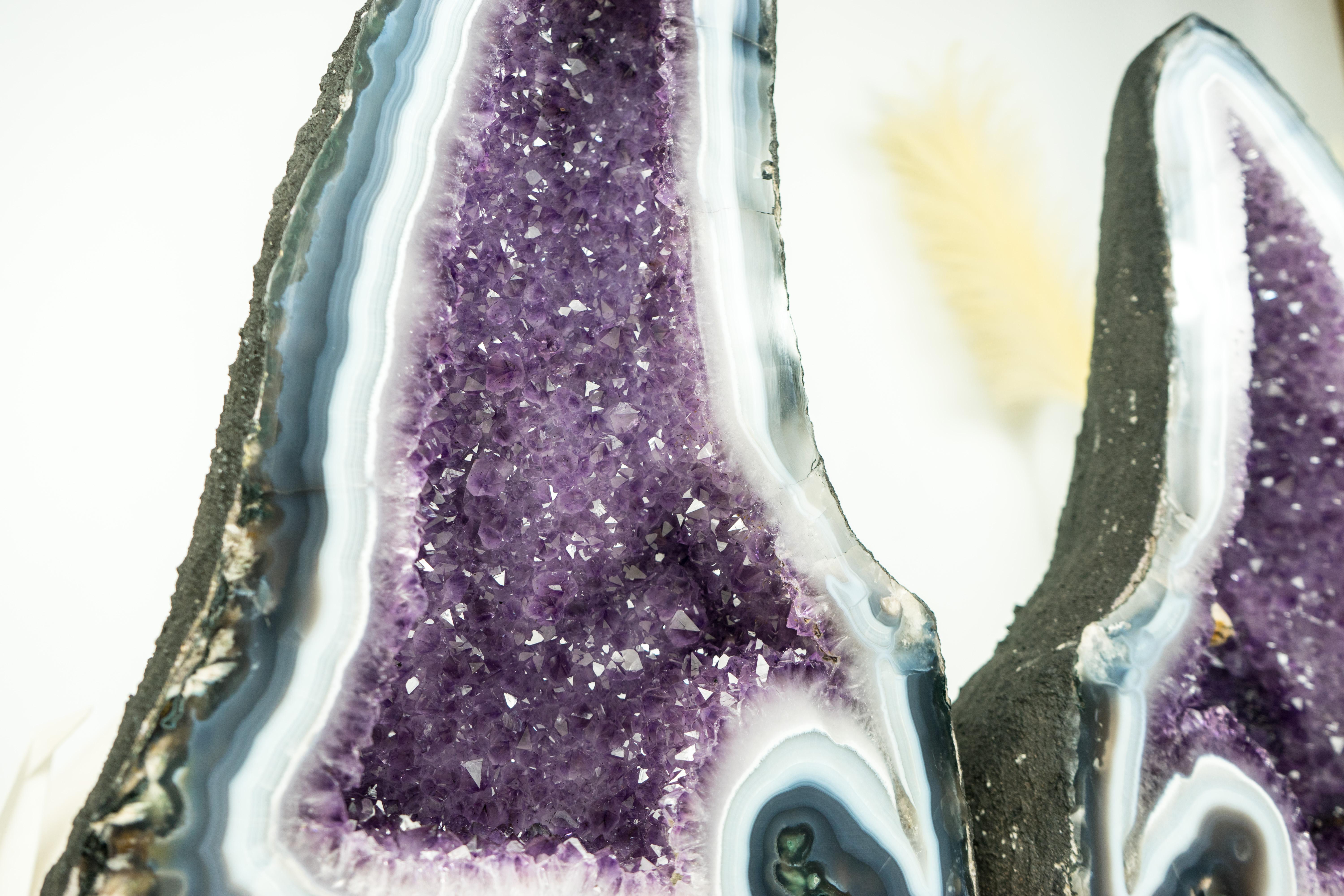 Pair of Bookmatching Natural Agate Geode Cathedrals with White & Blue Laces For Sale 6