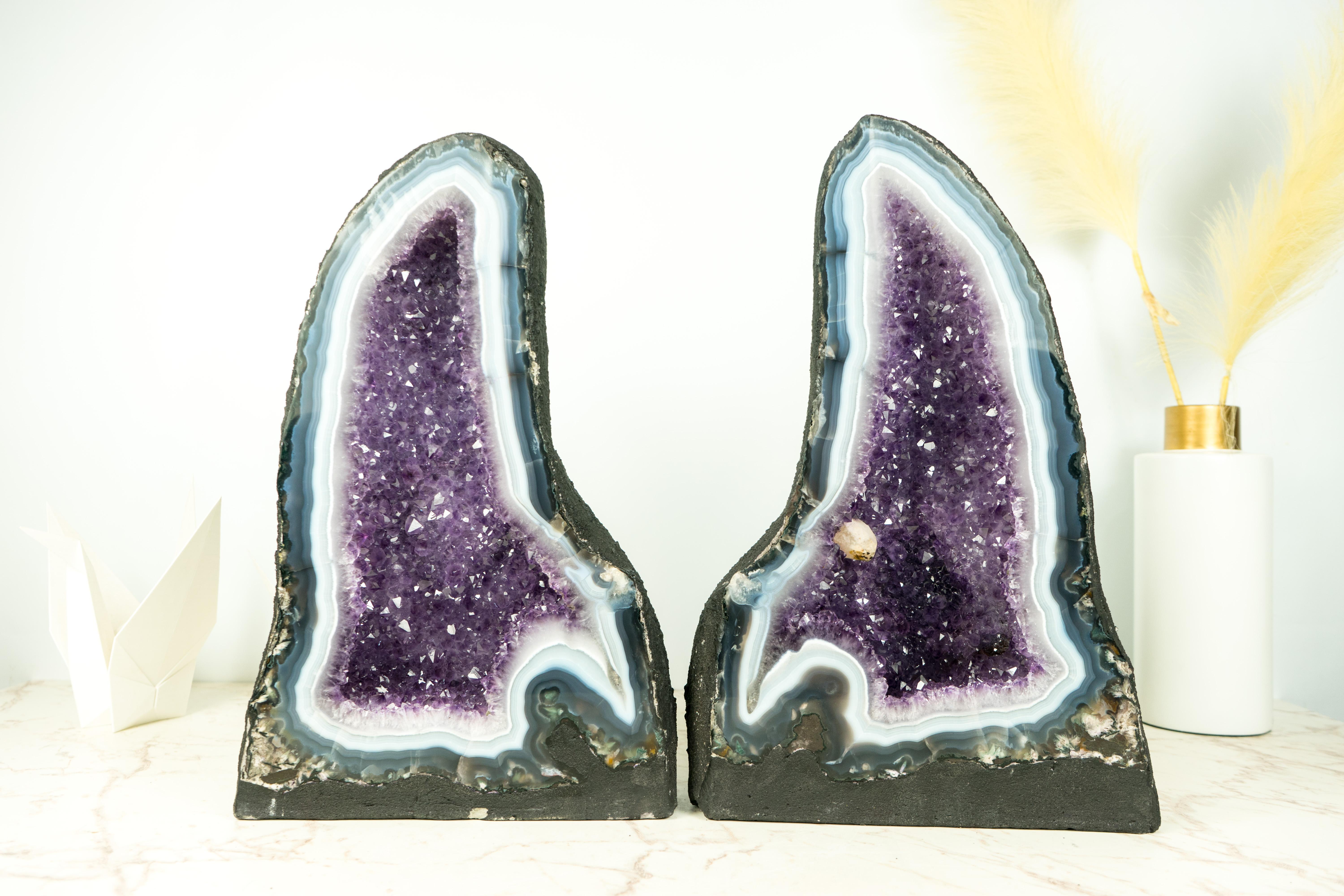 Brazilian Pair of Bookmatching Natural Agate Geode Cathedrals with White & Blue Laces For Sale