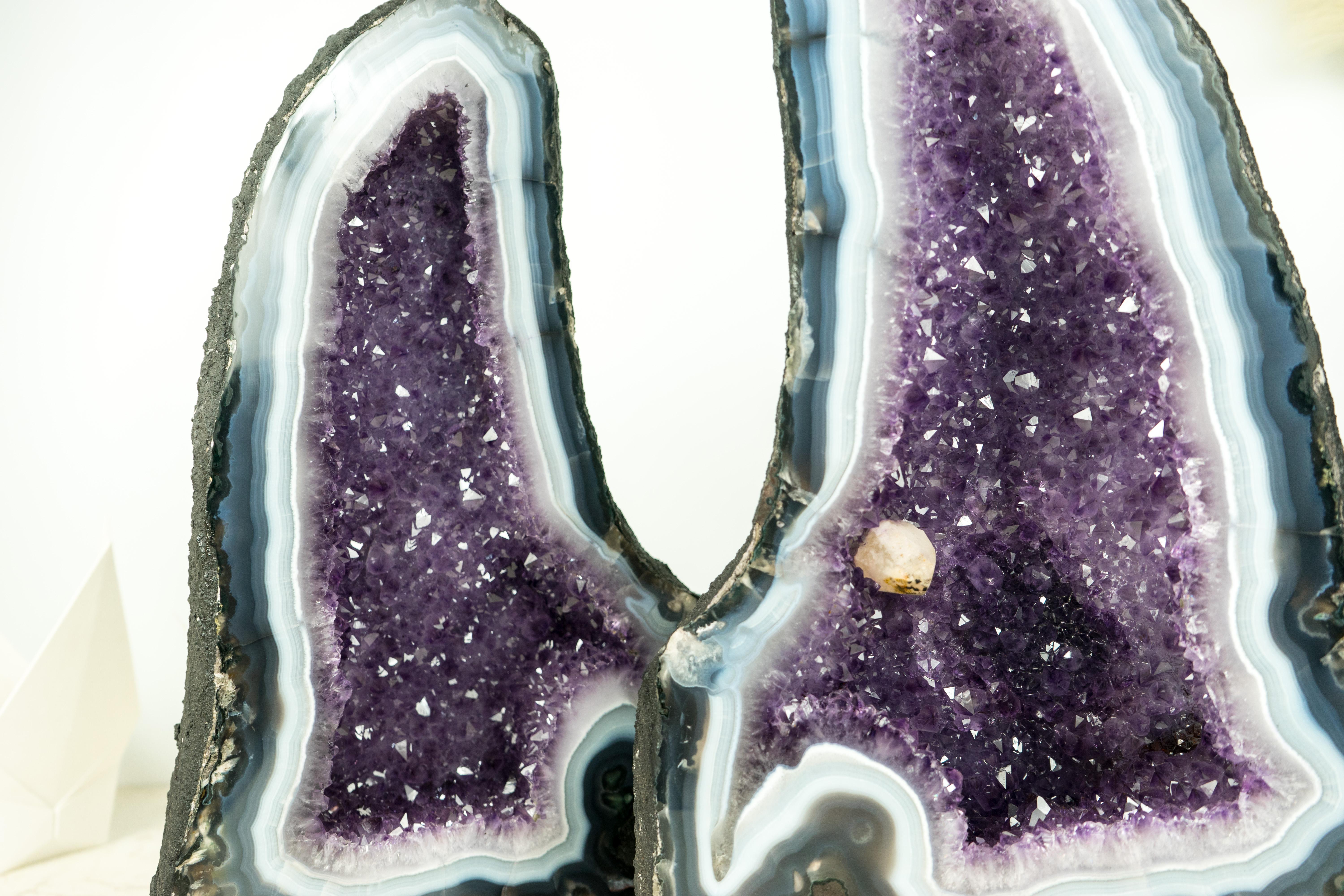 Contemporary Pair of Bookmatching Natural Agate Geode Cathedrals with White & Blue Laces For Sale