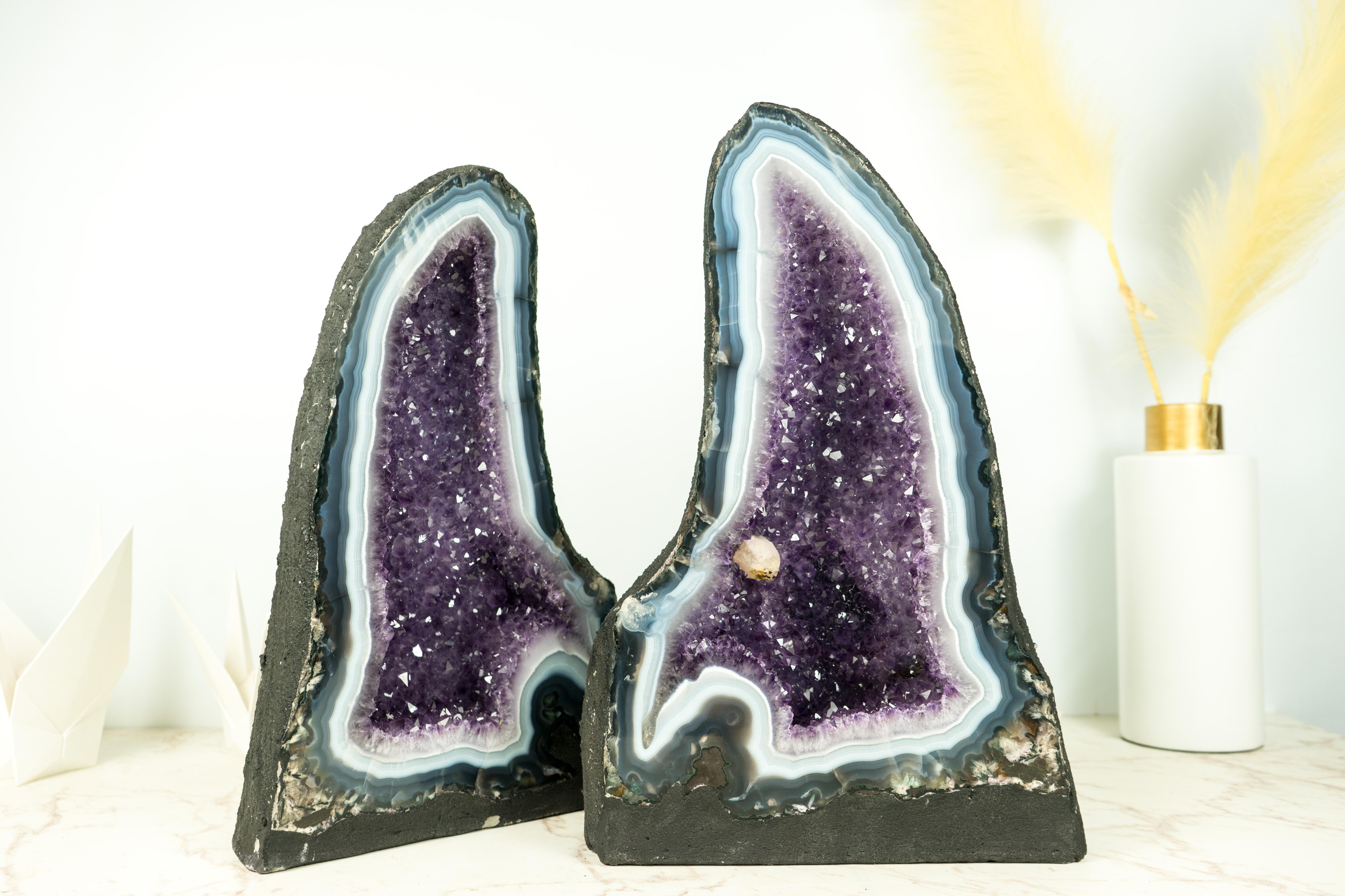 Crystal Pair of Bookmatching Natural Agate Geode Cathedrals with White & Blue Laces For Sale