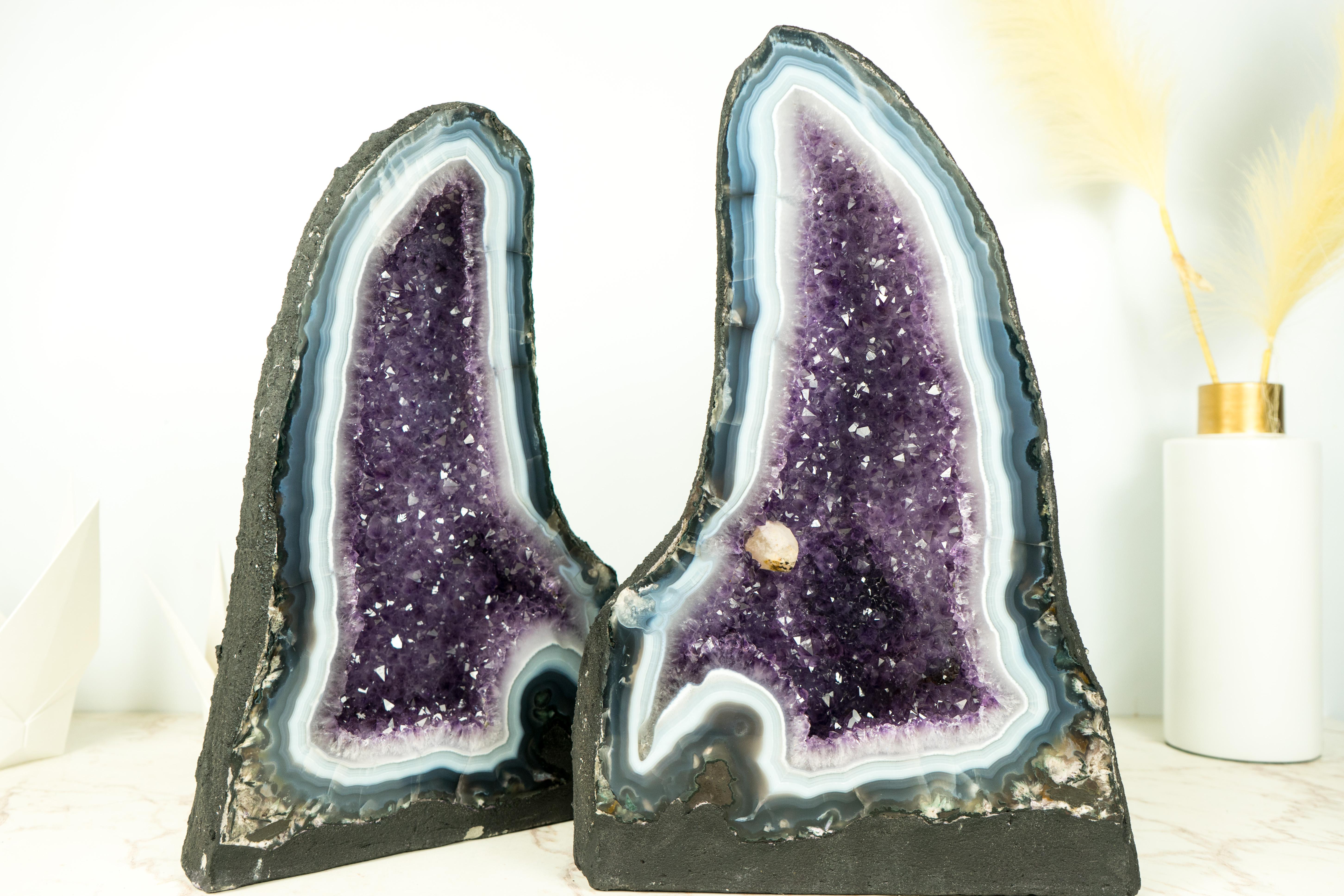 Pair of Bookmatching Natural Agate Geode Cathedrals with White & Blue Laces For Sale 1